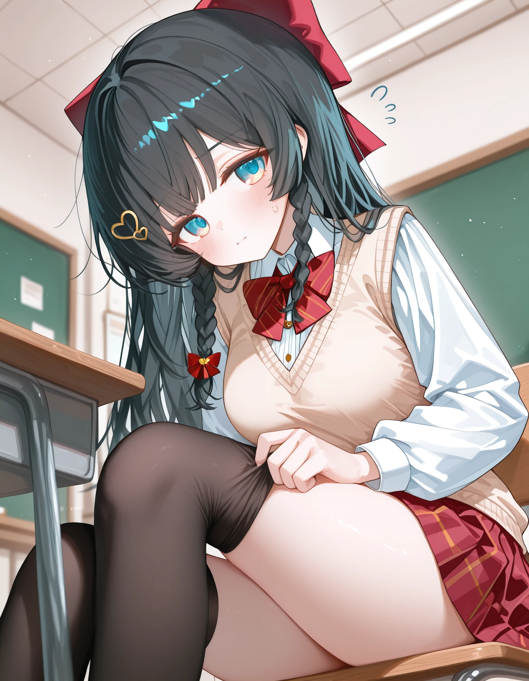 (8k、Best image quality、highest quality、masterpiece)、Detailed face、One girl、red Eyes、embarrassed face、((Grin))、huge breasts、((see through white shirt))、((see through))、((nipples)),((nipples visible)),((Plaid skirt))、((open pussy))、sit、spread legs、white buggysocks、shoes、Shoot from below、sitting on desk,in school classroom,classroom background,Nipples,Oppai,fingering pussy,vaginal finger,hand to pussy,touch oun vagina,Exposure,pussy juice,wet pussy,cum on face,milk made braids,black hair,glasses,