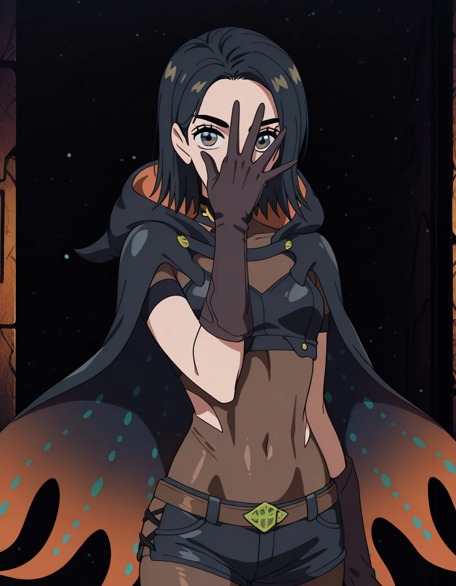 masterpiece, best quality, amazing quality,, <lora:comoli-harcourt-s1-illustriousxl-lora-nochekaiser:1>, comoli harcourt, short hair, black hair, brown eyes, medium hair, hair behind ear, mature female, small breasts, anime screencap, <lora:namielle-armor-illustriousxl-lora-nochekaiser:1>, namielle armor, belt, black shorts, bodystocking, cape, choker, covered navel, cross-laced clothes, gloves, glowing, hood, multicolored clothes, namielle (armor), navel, see-through clothes, short shorts, shorts,, <lora:jonathan-joestars-pose-illustriousxl-lora-nochekaiser:1>, jonathan joestars pose, jonathan joestar's pose (jojo), jojo pose, covering face, hand up, upper body, ,