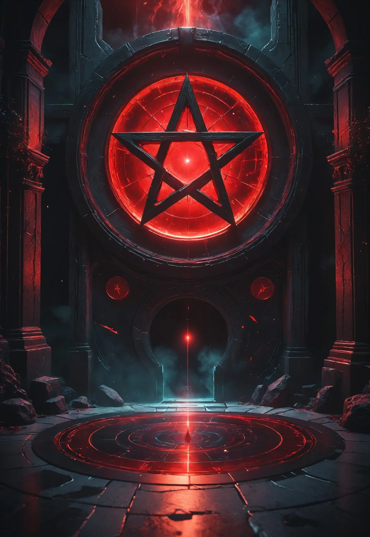 A detailed dramatic illustration of the portal, with red color dark magic splash, portal on floor, inside a magic circle with pentagram, dark gothic, 3D Vector Art, fantasy art, watercolor effect, bokeh, Adobe Illustrator, hand-drawn, digital art, isometric style, retro aesthetic, focused on the character, 4K resolution, photorealistic rendering, using cinema 4D 
Wide range of colors., Dramatic,Dynamic,Cinematic,Sharp details
Insane quality. Insane resolution. Insane details. Masterpiece. 32k resolution. dark, chiaroscuro, low-key,