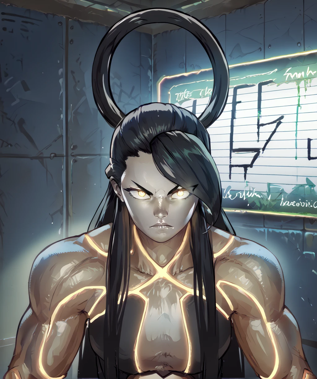 score_9, score_8_up, score_7_up, score_6_up, score_5_up, score_4_up,
fsethxl, black hair, hair ring, yellow eyes, glowing eyes,
neon trim, colored skin, serious,
hip,
looking at viewer,
indoors, shadows,
<lora:FSethXL:1>,