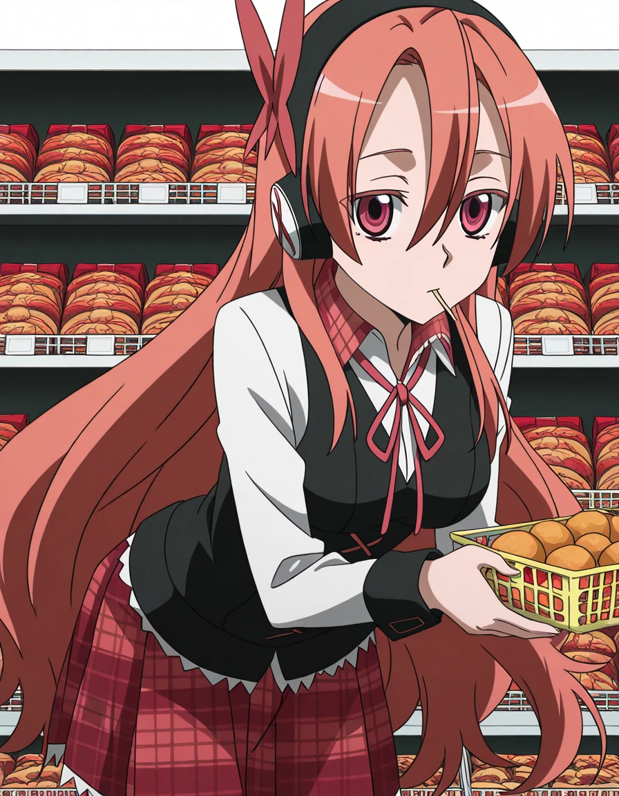 masterpiece, best quality, amazing quality,, <lora:agk-chelsea-s1-illustriousxl-lora-nochekaiser:1>, chelsea, chelsea (akame ga kill!), pink eyes, hair between eyes, long hair, pink hair, straight hair, mature female, medium breasts, anime screencap, collared shirt, diagonal stripes, dress shirt, hair ornament, headphones, long sleeves, neck ribbon, plaid, plaid skirt, pleated skirt, red ribbon, red skirt, ribbon, shirt, skirt, striped, vest, white shirt, wing collar,, leaning forward,, supermarket, aisles, shopping, food, shelves, cowboy shot, solo, looking at viewer, <lora:transparent-background-illustriousxl-lora-nochekaiser:1>, transparent background, simple background, white background