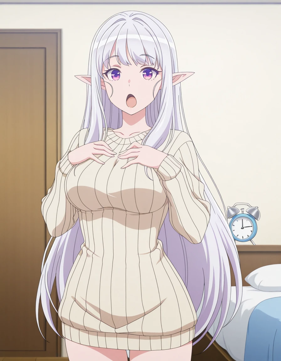 masterpiece, best quality, amazing quality,, <lora:mariabelle-s1-illustriousxl-lora-nochekaiser:1>, mariabelle, long hair, very long hair, purple eyes, white hair, grey hair, pointy ears, elf, mature female, medium breasts, anime screencap, long sleeves, dress, sweater, ribbed sweater,, hands on own chest,, bedroom, alarm clock, morning routine, yawning, stretching, on bed, cowboy shot, solo, looking at viewer,