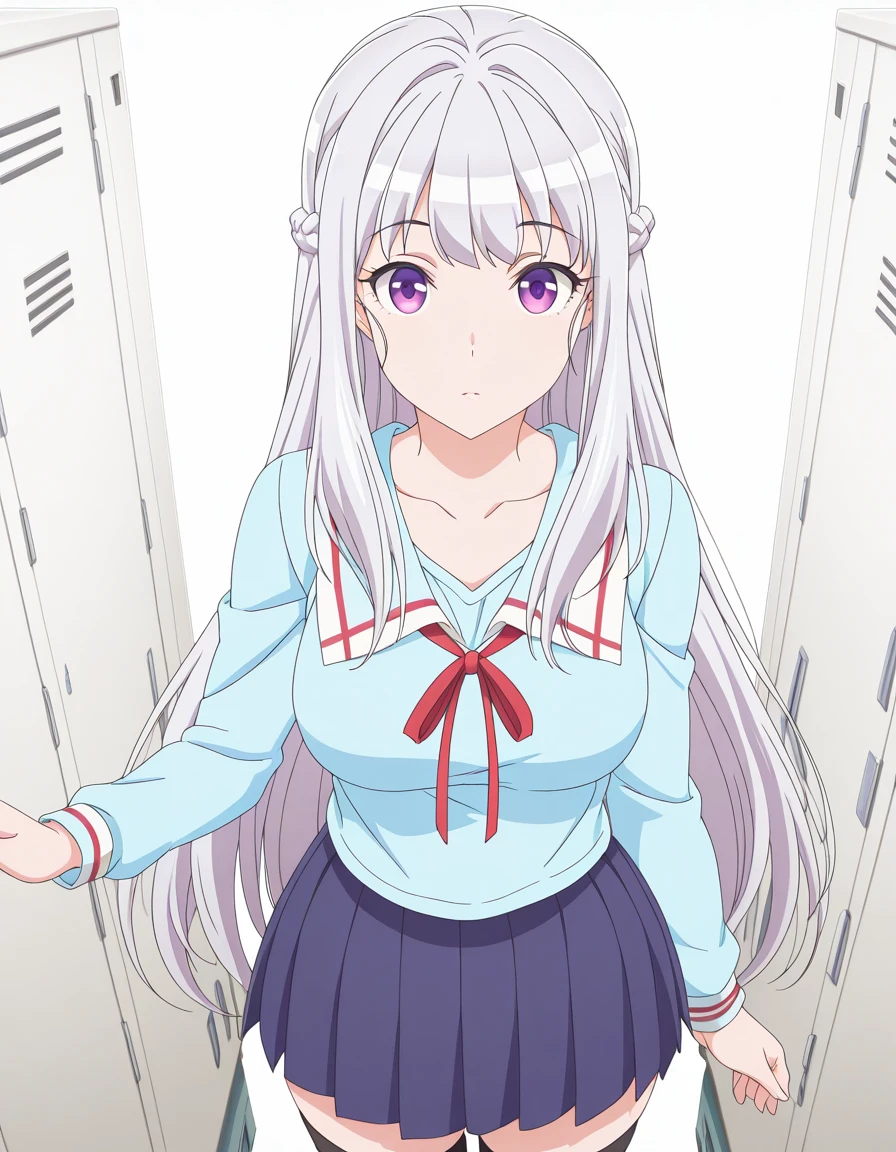masterpiece, best quality, amazing quality,, <lora:mariabelle-s1-illustriousxl-lora-nochekaiser:1>, mariabelle, long hair, very long hair, purple eyes, white, grey hair, braid, french braid, mature female, medium breasts, anime screencap, shirt, skirt, long sleeves, thighhighs, ribbon, collarbone, pleated skirt, serafuku, black thighhighs, red ribbon, blue skirt, zettai ryouiki, blue shirt,, from above,, changing room, lockers, benches, clothes, privacy, cowboy shot, solo, looking at viewer, <lora:transparent-background-illustriousxl-lora-nochekaiser:1>, transparent background, simple background, white background