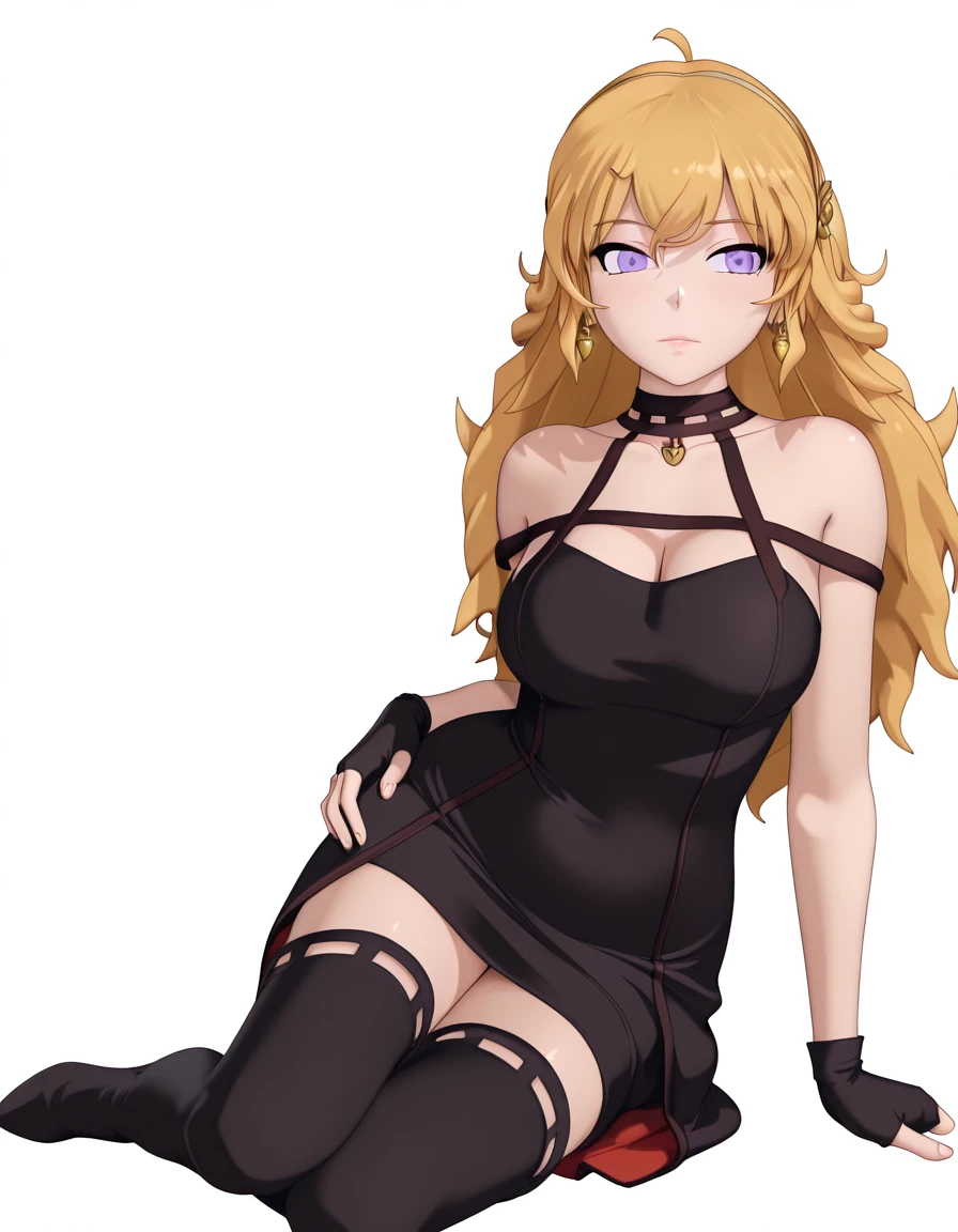 masterpiece, best quality, amazing quality,, <lora:yang-xiao-long-vol7-illustriousxl-lora-nochekaiser:1>, yang xiao long, long hair, blonde hair, purple eyes, ahoge, mature female, breasts, 3d, <lora:yor-briar-cosplay-illustriousxl-lora-nochekaiser:1>, yor briar cosplay, yor briar (cosplay), bare shoulders, black dress, black gloves, cleavage, dress, earrings, gloves, gold earrings, hair ornament, hair band, jewelry, bare shoulders, collarbone, fingerless gloves, thighhighs, black thighhighs,, <lora:princess-leia-pose-illustriousxl-lora-nochekaiser:1>, princess leia pose, sitting, hand on own hip, on side,, , <lora:transparent-background-illustriousxl-lora-nochekaiser:1>, transparent background, simple background, white background