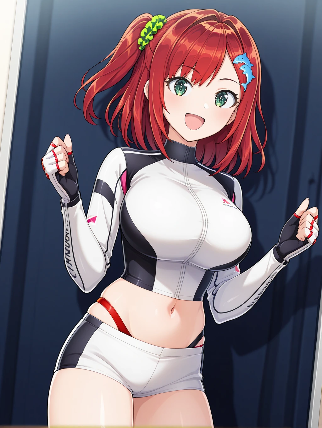 ((masutepiece, Best Quality, hight resolution, nffsw, Perfect Pixel, depth of fields, 4K, )), 1girl in, Solo, , Beautiful anime girl, Beautiful Art Style, close up, Looking at Viewer, Perfect body, Yuigahama Yui, Short hair, single hair bun, pink hair, (large boob), Full face blush, Smile, thighs thighs thighs thighs, tiara, race queen, wink, winking, one eye open, tube top, cleavage, hands on hips, white background, cowboy shot, Focus,