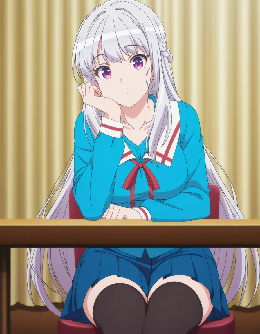 masterpiece, best quality, amazing quality,, <lora:mariabelle-s1-illustriousxl-lora-nochekaiser:1>, mariabelle, long hair, very long hair, purple eyes, white, grey hair, braid, french braid, mature female, medium breasts, anime screencap, shirt, skirt, long sleeves, thighhighs, ribbon, collarbone, pleated skirt, serafuku, black thighhighs, red ribbon, blue skirt, zettai ryouiki, blue shirt,, sitting, head rest, table,, theater, stage, seats, performance, curtains, cowboy shot, solo, looking at viewer,