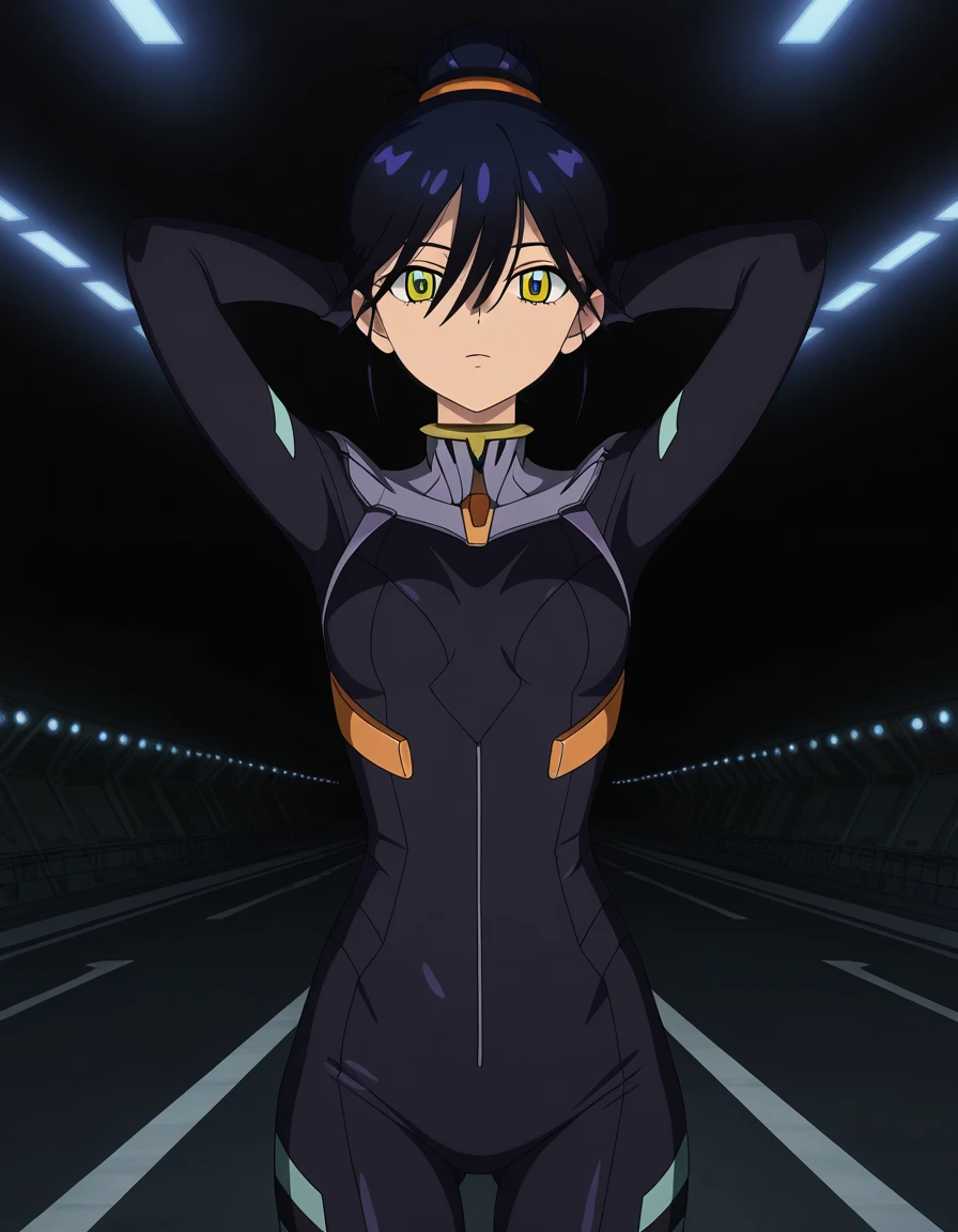 masterpiece, best quality, amazing quality,, <lora:gquuux-nyaan-s1-illustriousxl-lora-nochekaiser:1>, gquuux nyaan, short hair, black hair, hair between eyes, green eyes, blue hair, yellow eyes, hair bun, single hair bun, mature female, small breasts, anime screencap, bodysuit, pilot suit, hands behind head,, runway, landing, lights, speed, takeoff, cowboy shot, solo, looking at viewer,