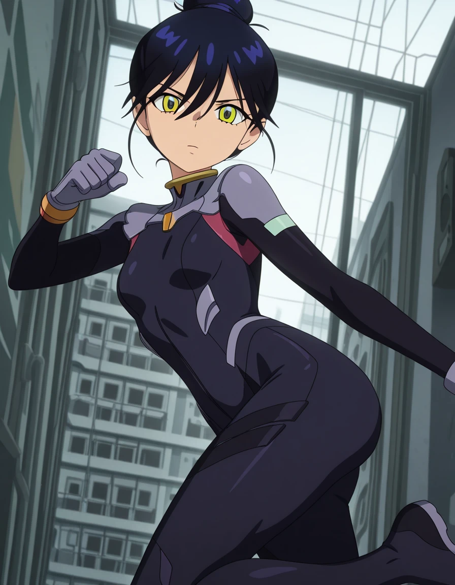 masterpiece, best quality, amazing quality,, <lora:gquuux-nyaan-s1-illustriousxl-lora-nochekaiser:1>, gquuux nyaan, short hair, black hair, hair between eyes, green eyes, blue hair, yellow eyes, hair bun, single hair bun, mature female, small breasts, anime screencap, bodysuit, pilot suit, <lora:dynamic-pose-illustriousxl-lora-nochekaiser:1>, dynamic pose, kicking, cowboy shot, apartment, building, rooms, residents, balconies, cowboy shot, solo, looking at viewer,