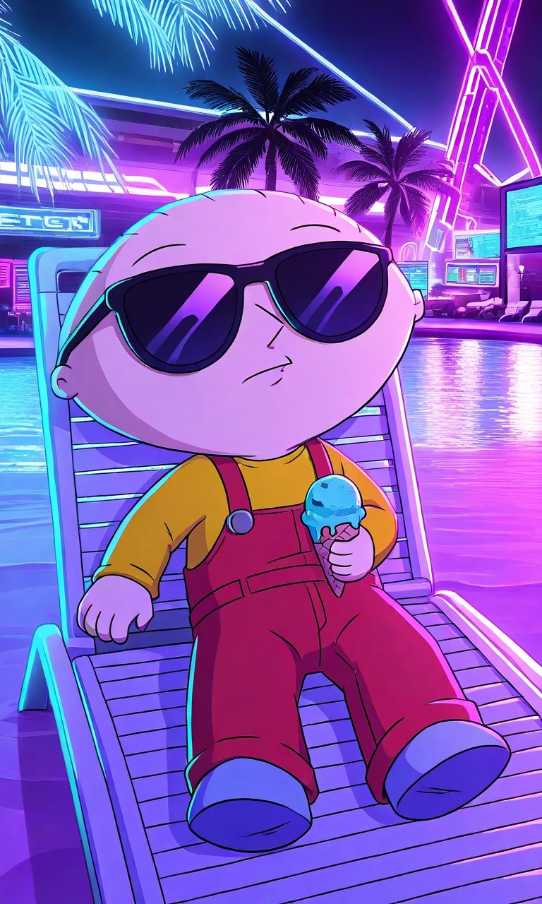 solo,stewie griffin,1boy,chibi,bald,yellow shirt,long sleeves,red overalls,light blue footwear,neon,technology,metallic colors,high-tech,cyberpunk,beach,palm tree,sea or ocean,vibrant colors,tropical,lying, lounge chair, sunglasses, holding ice cream