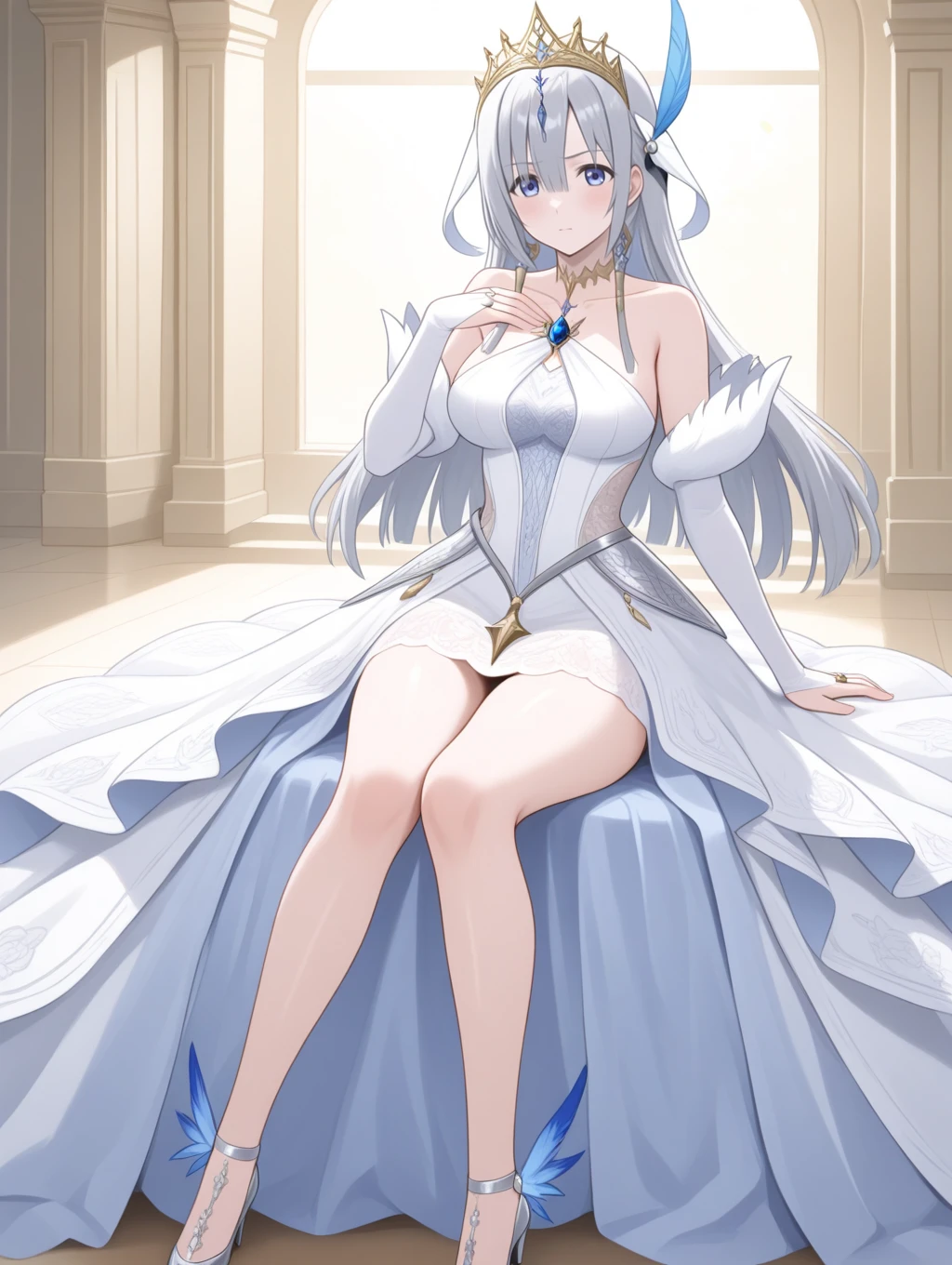 A woman with a white dress with gold details, blue eyes, long silver hair, white rose in one eye, large breasts, in a celestial style room, gold floor, white wall, light emanating from the door,HDR, ultra resolution, well defined, masterpiece, 8K HD. (solo woman)