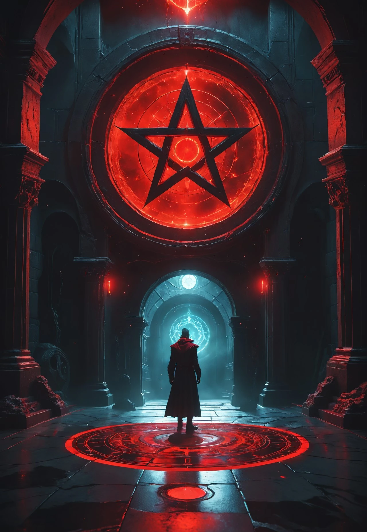 A detailed dramatic illustration of the portal, with red color dark magic splash, portal on floor, inside a magic circle with pentagram, dark gothic, a demon coming out of the portal, 3D Vector Art, fantasy art, watercolor effect, bokeh, Adobe Illustrator, hand-drawn, digital art, isometric style, retro aesthetic, focused on the character, 4K resolution, photorealistic rendering, using cinema 4D 
Wide range of colors., Dramatic,Dynamic,Cinematic,Sharp details
Insane quality. Insane resolution. Insane details. Masterpiece. 32k resolution.
dark, chiaroscuro, low-key, high contrast,