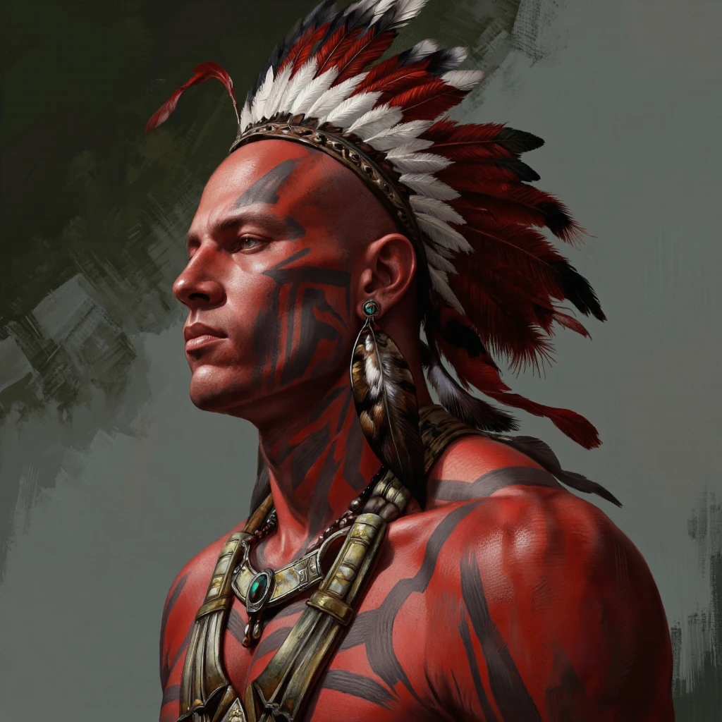 A highly detailed and realistic digital painting of a muscular, bald, red-skinned warrior with a tribal headdress adorned with feathers, captured in a portrait camera angle from a profile camera angle. the warrior, who appears to be in his mid-twenties, has a serious expression and is wearing a feathered headdress with red and white feathers. his skin is painted with dark grey lines, and he has a tattoo on his upper arm. he is also adorned with tribal jewelry, including necklaces and earrings, which are intricately designed with feathers. the background is a simple gradient of dark green to light grey, which provides a subtle contrast to the warrior's striking features. the lighting is dramatic, highlighting his muscular physique and the intricate details of his face and neck. the overall mood of the image is intense and powerful, with a sense of power and strength.