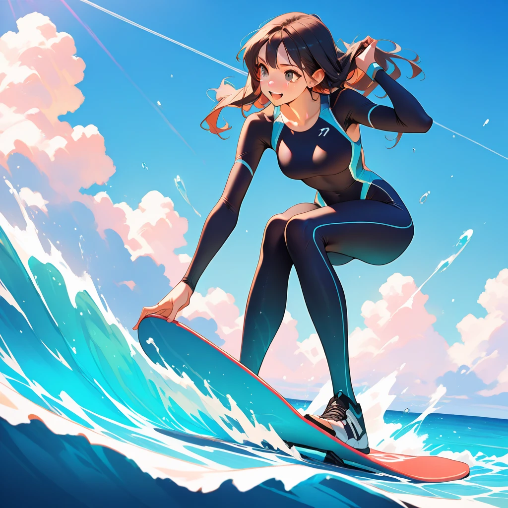(top-quality, 8K, ?masterpiece:1.3) A portrait of an adventurous anime girl surfing a wave, with a confident smile and windswept hair. She wears a wetsuit and stands on a colorful surfboard. The background includes a dynamic wave, a clear blue sky, and distant surfers. The image should highlight detailed elements of the surfboard, her confident expression, and the energetic, vibrant lighting creating an exciting, adventurous atmosphere.