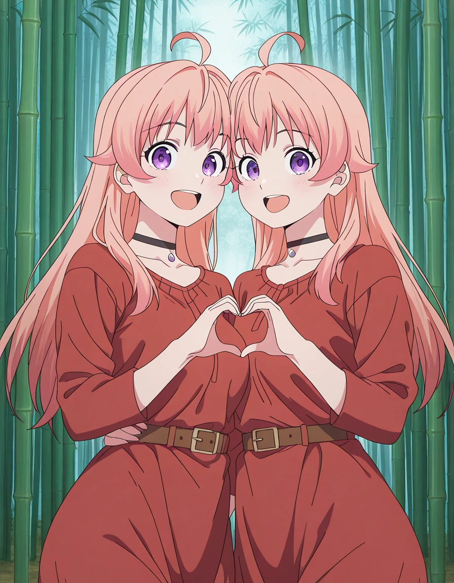 masterpiece, best quality, amazing quality,, <lora:nico-wakatsuki-s1-illustriousxl-lora-nochekaiser:1>, nico wakatsuki, long hair, purple eyes, pink hair, ahoge, mature female, medium breasts, anime screencap, long sleeves, dress, collarbone, choker, belt, black choker, red dress, red shirt, brown belt, <lora:heart-hands-duo-illustriousxl-lora-nochekaiser:1> heart hands duo, heart hands, heart, heads together, cheek-to-cheek, open mouth, smile, hetero, bamboo forest, bamboo, trees, dense, wildlife, cowboy shot, solo, looking at viewer,