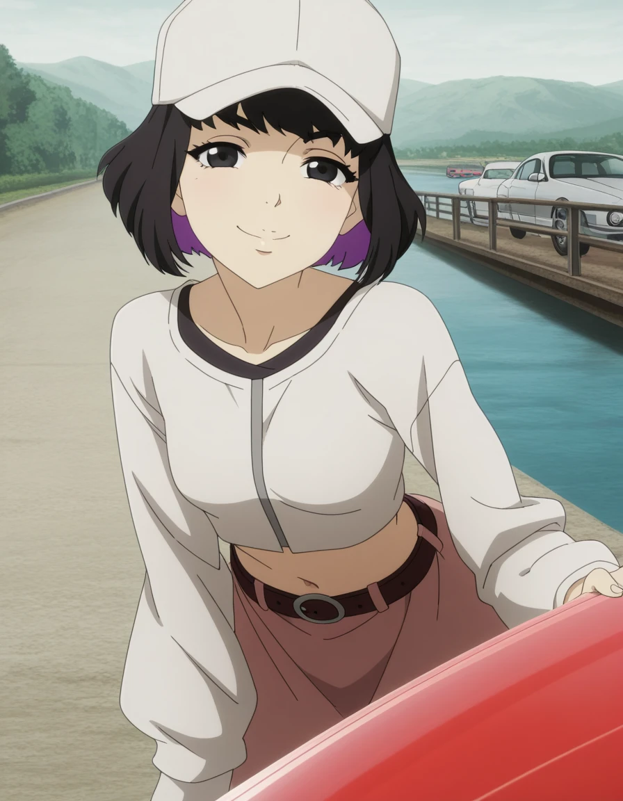 masterpiece, best quality, amazing quality,, <lora:lazarus-eleina-s1-illustriousxl-lora-nochekaiser:1>, lazarus eleina, short hair, black hair, black eyes, two-tone hair, colored inner hair, purple hair, bangs, mature female, small breasts, anime screencap, skirt, long sleeves, hat, belt, white headwear, baseball cap, cropped shirt, navel, bent over, smug,, bridge, connection, water, road, cars, cowboy shot, solo, looking at viewer,
