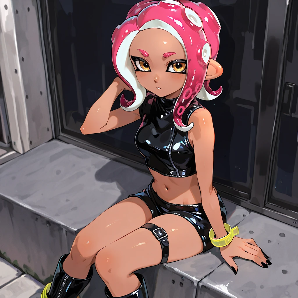 <lora:Agent8_illustrious_v1:1>Agent8Dark, 1girl, octoling girl, dark skin, tentacle hair, dark-skinned female, octarian, midriff, yellow eyes, thigh strap, navel, pink hair, jewelry, crop top, black skirt, bracelet, squidbeak splatoon, knee boots, nail polish, shorts, medium hair, black nails