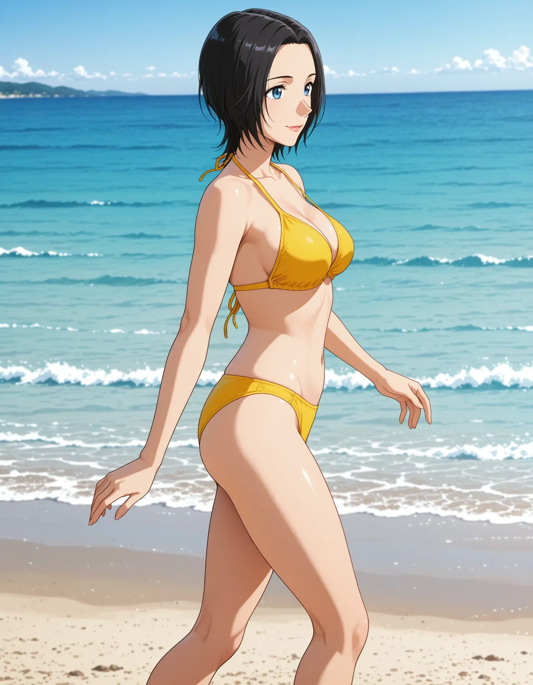 1girl, masterpiece, best quality, extremely detailed 8K wallpaper, skin tight, ultra detailed, volumetric lighting, best anatomy, detailed eyes, beautiful eyes, best shadow, retro artstyle, 1990s (style), anime screencap , screencap , beach, sand, palm trees, town in the background, brunette girl, brown hair, long hair, curly hair, hazel eyes, bikini, high heels, solo, ponytail , closeup
