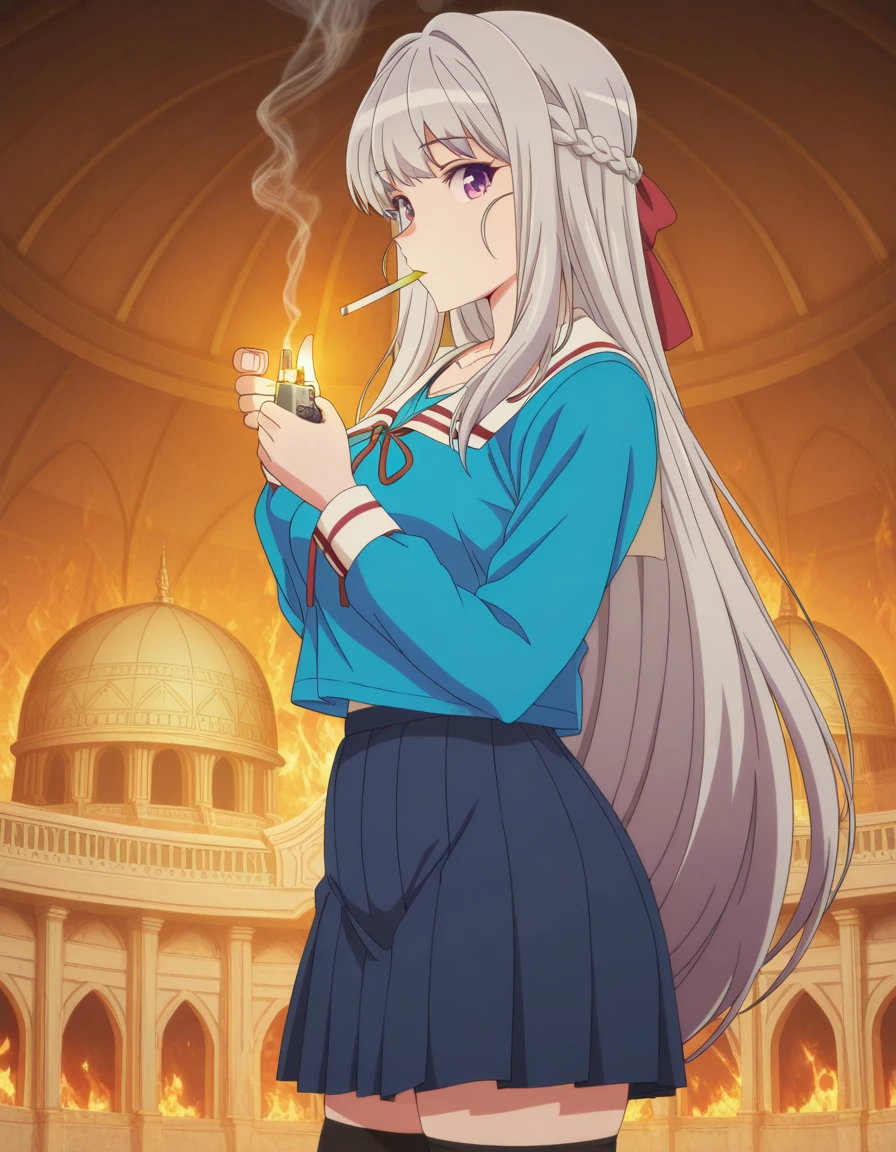 masterpiece, best quality, amazing quality,, <lora:mariabelle-s1-illustriousxl-lora-nochekaiser:1>, mariabelle, long hair, very long hair, purple eyes, white, grey hair, braid, french braid, mature female, medium breasts, anime screencap, shirt, skirt, long sleeves, thighhighs, ribbon, collarbone, pleated skirt, serafuku, black thighhighs, red ribbon, blue skirt, zettai ryouiki, blue shirt,, <lora:lighting-cigarette-illustriousxl-lora-nochekaiser:1>, lighting cigarette, lighter, holding lighter, cigarette, smoking, fire, smoke, holding, cowboy shot, from side, mosque, dome, prayer, holy, architecture, cowboy shot, solo, looking at viewer,