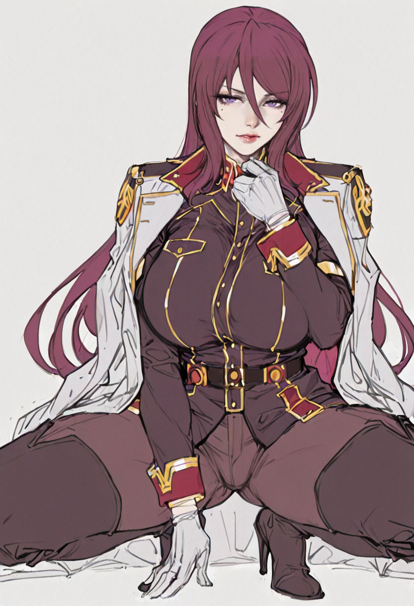 <lora:Beatrice Kushan3216 NoobAIXL V-pred:0.8>,
Beatrice Kushan, mature female, 1girl, curvy,
long hair, purple eyes, lipstick, lips, mole under eye,
military uniform, brown pants, thigh boots, white gloves, white coat, coat on shoulders,
squatting, spread legs,
looking at viewer,
solo,
simple background, white background,
, <lora:sabu_sabudenegoIL:0.8>, best quality, absurdres, realistic, sketch, flat colors, flat color