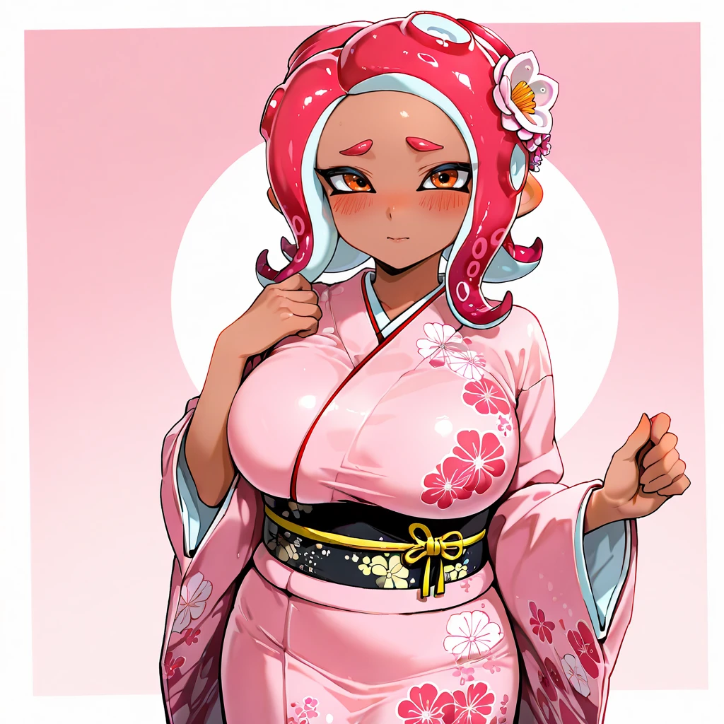 <lora:Agent8_illustrious_v1:1>Agent8Thick, 1girl, octoling girl, tentacle hair, large breasts, octarian, squidbeak splatoon, red hair, dark-skinned female, dark skin,medium hair, orange eyes, cowboy shot,, japanese clothes, kimono, hair ornament, blush, hair flower, pink kimono, sash, obi, floral print, wide sleeves