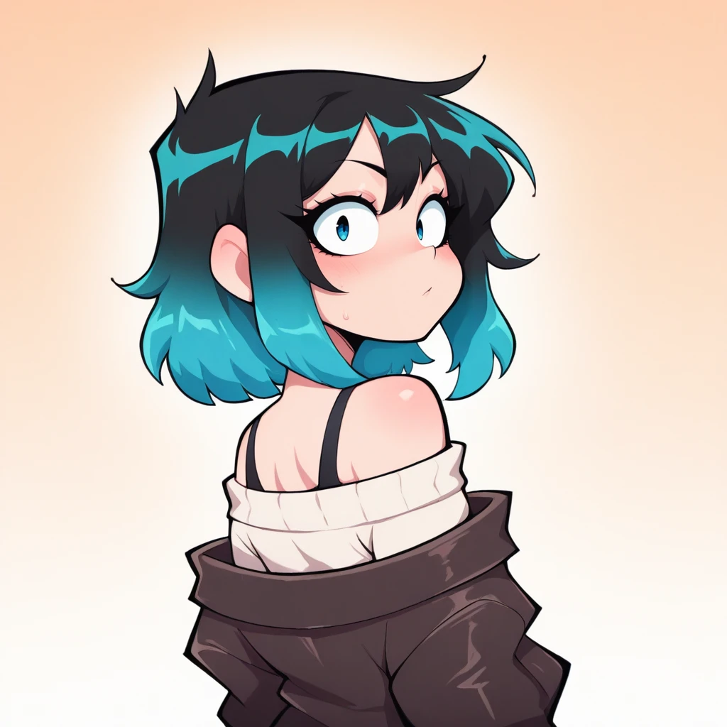 illustration, Ra3lyn, lazypos,
1girl, Ra3lyn.
<lora:OC_Rae_Character_LoRA:1>
<lora:Crunchy_Den_Style_LoRA:1> 1n51d3r_crunchy_5tyl3, 
solo, off-the-shoulder sweater, jacket, bra strap, gradient hair, face, close up, dark clothes, looking at viewer, heavily stylized, drama layer, amazing quality, close up, sunny, side view