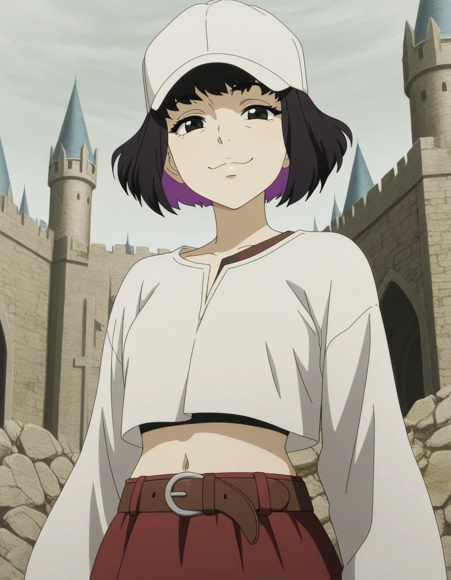 masterpiece, best quality, amazing quality,, <lora:lazarus-eleina-s1-illustriousxl-lora-nochekaiser:1>, lazarus eleina, short hair, black hair, black eyes, two-tone hair, colored inner hair, purple hair, bangs, mature female, small breasts, anime screencap, skirt, long sleeves, hat, belt, white headwear, baseball cap, cropped shirt, navel, smug, castle, stone, towers, medieval, royalty, cowboy shot, solo, looking at viewer,