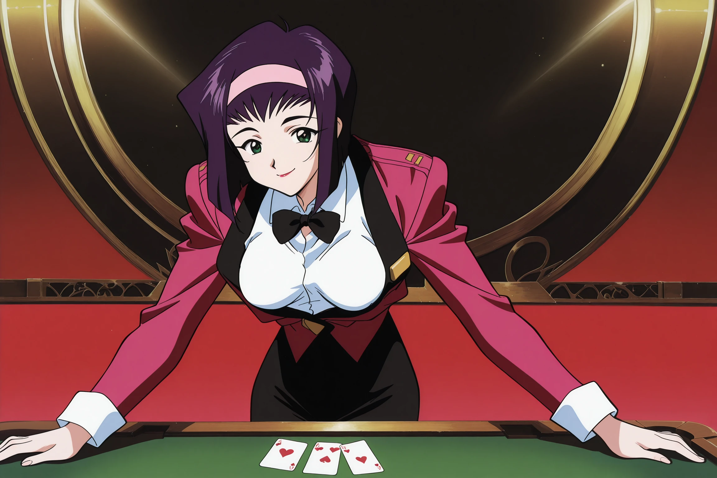 anime screencap, anime coloring, detailed face, masterpiece, best quality, very aesthetic, absurdres, volumetric lighting, official style, official art, amazing quality, ultra detailed, highres, scenery, beautiful detailed hair, beautiful detailed eyes,
<lora:StS-Illustrious-Detail-Slider-v1.0:5>
 <lora:illustrious_quality_modifiers_masterpieces_v1:1>
1990s (style), retro artstyle,
<lora:Faye_Valentine_Julia_and_Ein_Cowboy_Bebop:1>
Faye blackjack dealer outfit, 1girl, card, solo, hairband, playing card, pink hairband, green eyes, bowtie, white shirt, bow, jacket, shirt, black bowtie, black bow, breasts, purple hair, red jacket, long sleeves, collared shirt, Faye (character), looking at the viewer, cowboy shot, sexy smile, card table, in a casino,
faye_valentine, cowboy_bebop