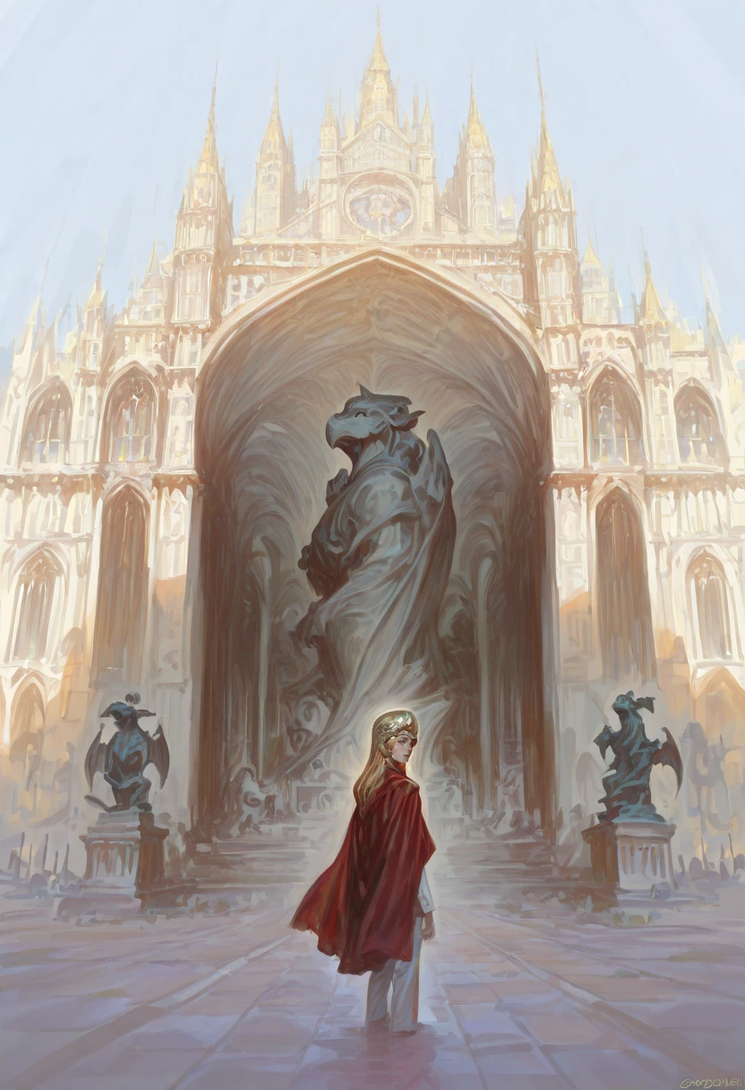 1girl, blonde hair, long hair, blue eyes, helmet, white suit, red cape, standing, looking back, outdoors, cathedral building, sky, entrance, gargoyle statue, solo, from behind, from side,
, <lora:sabu_sabudenegoIL:0.8>, best quality, absurdres, realistic, sketch, flat colors, flat color