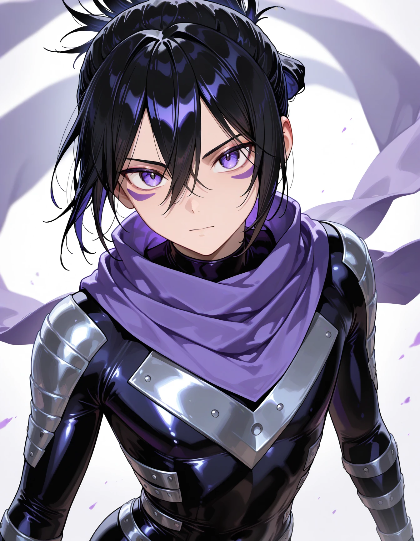 speedosonic, 1boy, solo, facial mark, folded ponytail, black hair, purple scarf, looking at viewer, bodysuit, bangs, hair between eyes, masterpiece, best quality, newest, absurdres, highres, very awa,