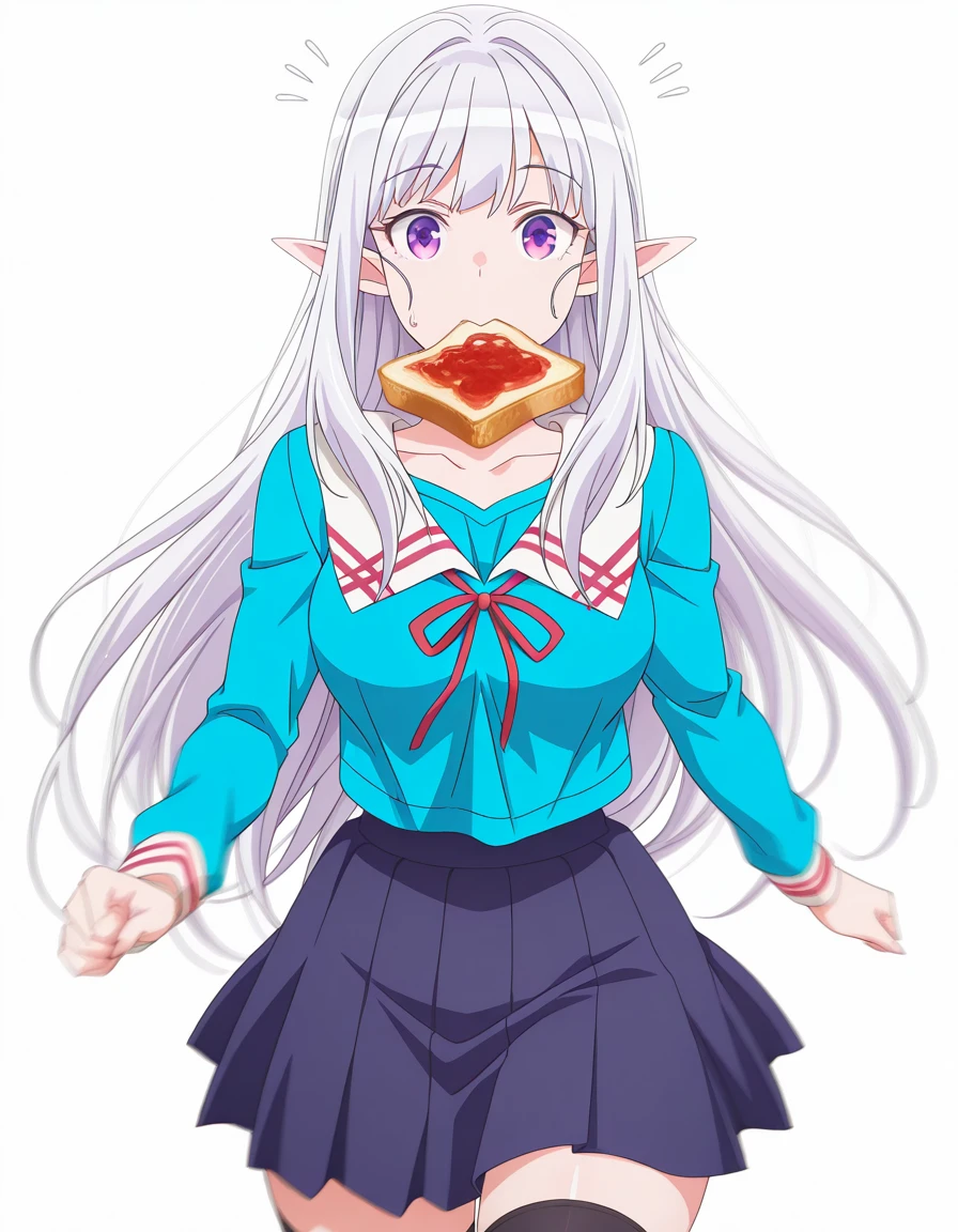 masterpiece, best quality, amazing quality,, <lora:mariabelle-s1-illustriousxl-lora-nochekaiser:1>, mariabelle, long hair, very long hair, purple eyes, white hair, grey hair, pointy ears, elf, mature female, medium breasts, anime screencap, shirt, skirt, long sleeves, thighhighs, ribbon, collarbone, pleated skirt, serafuku, black thighhighs, red ribbon, blue skirt, zettai ryouiki, blue shirt,, <lora:food-in-mouth-running-illustriousxl-lora-nochekaiser:1>, food in mouth running, food in mouth, running, bread, bread slice, food, toast in mouth, toast, sweatdrop, motion lines, motion blur, outdoors, cowboy shot, straight-on, runway, planes, lights, takeoff, landing, cowboy shot, solo, looking at viewer, <lora:transparent-background-illustriousxl-lora-nochekaiser:1>, transparent background, simple background, white background
