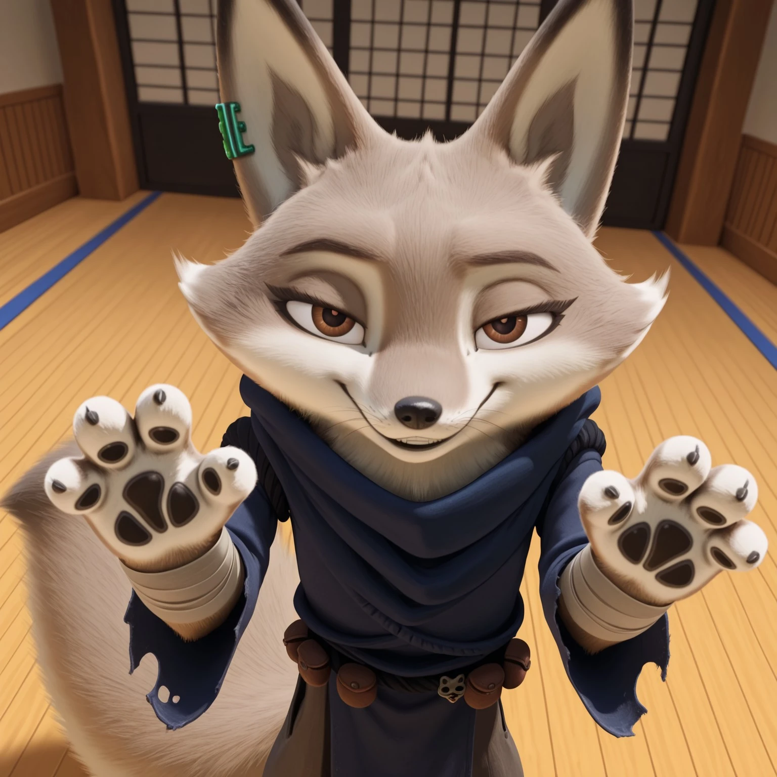 uncensored, masterpiece, best quality, highly detailed, 1girl, solo, ZhenKFP, furry female, anthro, fox, green ear piercing, cheek tuft, brown eyebrows, brown eyes, black pupils, black nose, whiskers, grey body, grey fur, white body, white fur, two tone body, two tone fur, fluffy tail, blue tunic, grey bandages, torn clothes, grey trousers, baggy trousers, black utility belt, upper body, standing, smile, (closed mouth, teeth), looking at viewer, indoors, dojo, detailed background, front view, claw pose, paw pads, 4 fingers, black claws, dutch angle, high-angle view, standing, close-up, narrowed eyes