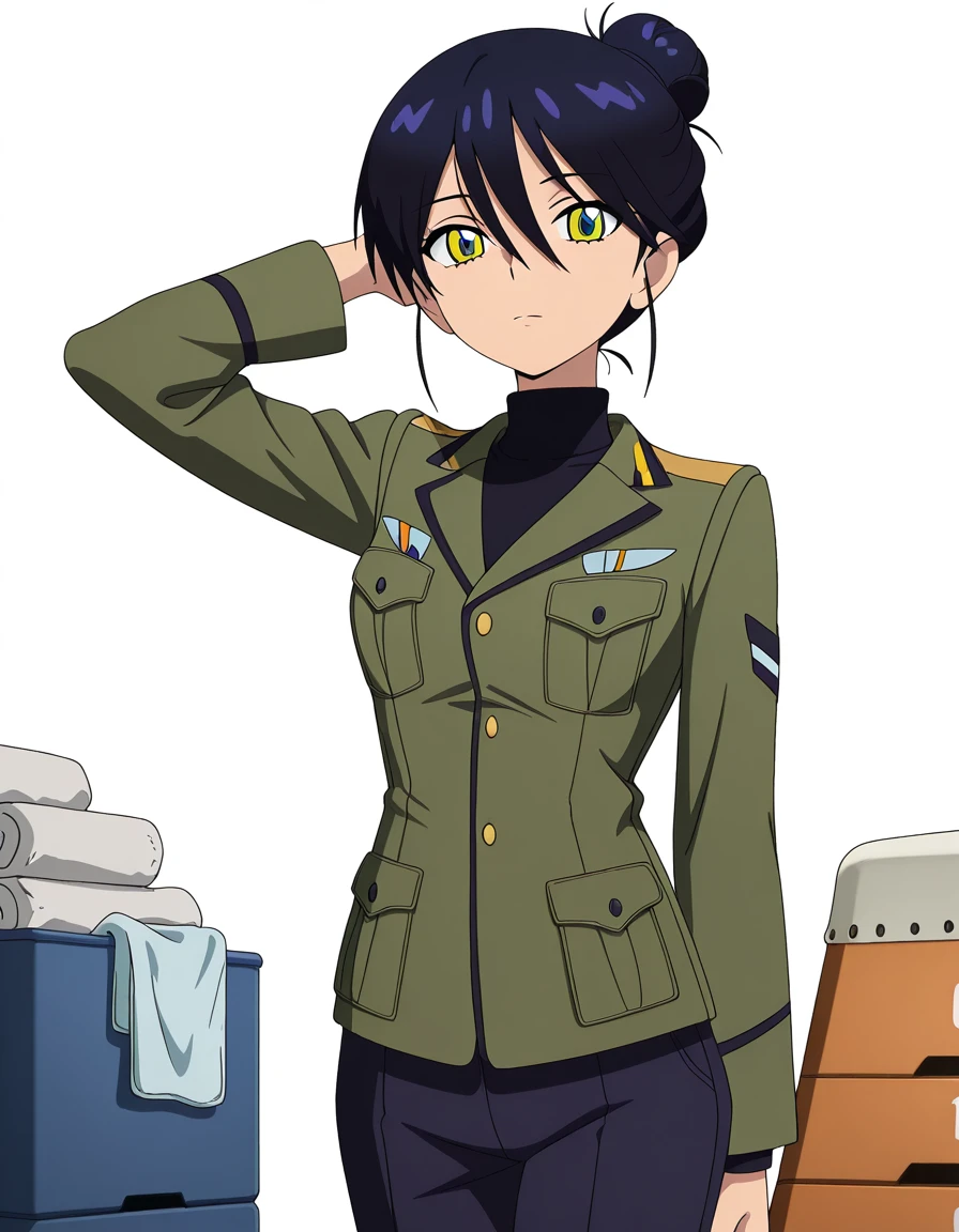 masterpiece, best quality, amazing quality,, <lora:gquuux-nyaan-s1-illustriousxl-lora-nochekaiser:1>, gquuux nyaan, short hair, black hair, hair between eyes, green eyes, blue hair, yellow eyes, hair bun, single hair bun, mature female, small breasts, anime screencap, long sleeves, jacket, uniform, military, turtleneck, military uniform, green jacket, hand behind head, , gym storeroom, equipment, supplies, cleaning, storage, cowboy shot, solo, looking at viewer, <lora:transparent-background-illustriousxl-lora-nochekaiser:1>, transparent background, simple background, white background