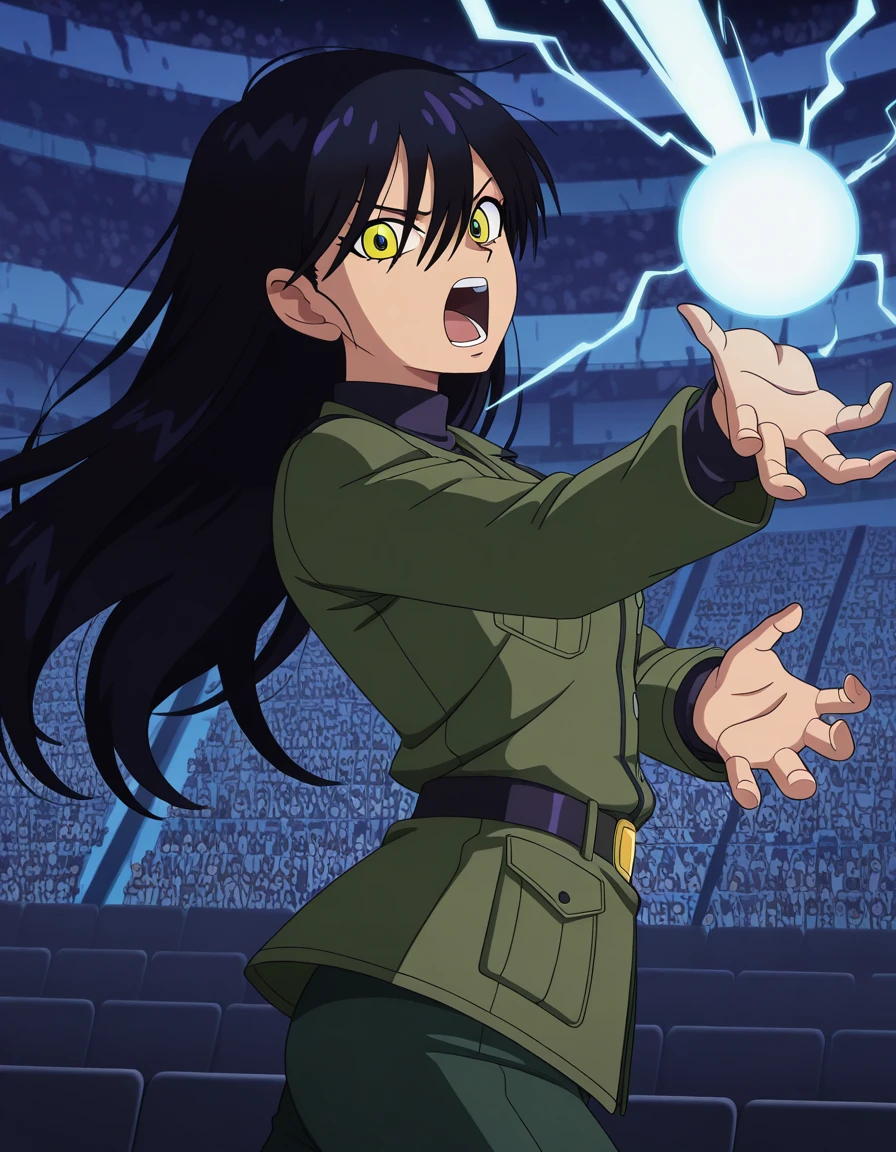 masterpiece, best quality, amazing quality,, <lora:gquuux-nyaan-s1-illustriousxl-lora-nochekaiser:1>, gquuux nyaan, long hair, black hair, hair between eyes, green eyes, yellow eyes, mature female, small breasts, anime screencap, long sleeves, jacket, uniform, military, turtleneck, military uniform, green jacket, <lora:kamehameha-illustriousxl-lora-nochekaiser:1>, kamehameha, kamehameha (dragon ball), open mouth, incoming attack, torn clothes, shouting, energy, energy beam, energy ball, from side, electricity,, amphitheater, seats, outdoor, stage, large, cowboy shot, solo, looking at viewer,
