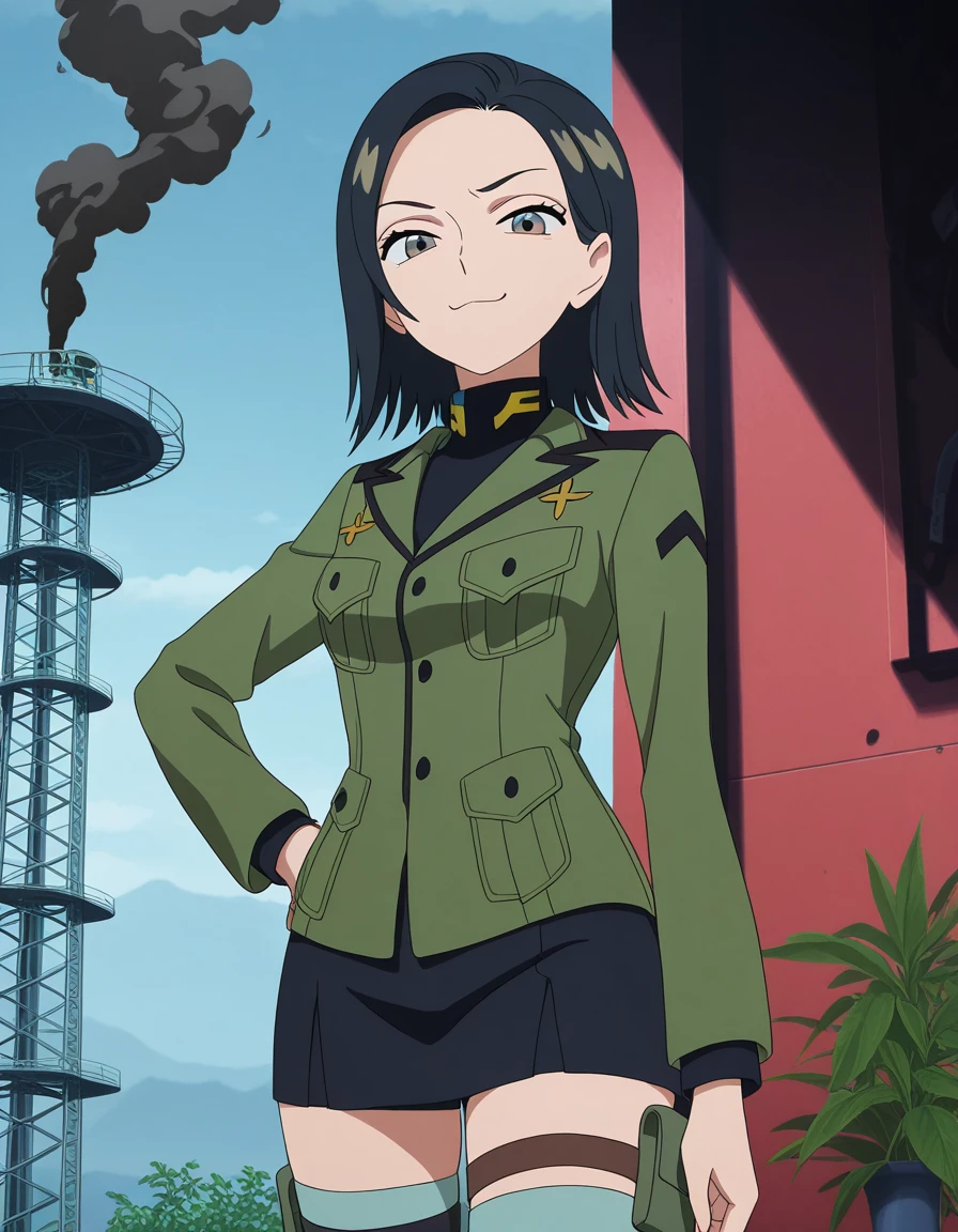 masterpiece, best quality, amazing quality,, <lora:comoli-harcourt-s1-illustriousxl-lora-nochekaiser:1>, comoli harcourt, short hair, black hair, brown eyes, medium hair, hair behind ear, mature female, small breasts, anime screencap, skirt, long sleeves, thighhighs, jacket, shorts, black skirt, uniform, thigh strap, military, military uniform, green jacket, smug, hands on own hip,, cooling tower, smoke, power, plant, height, cowboy shot, solo, looking at viewer,