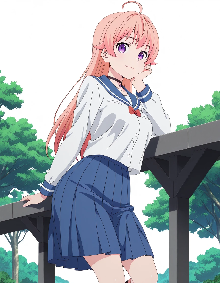 masterpiece, best quality, amazing quality,, <lora:nico-wakatsuki-s1-illustriousxl-lora-nochekaiser:1>, nico wakatsuki, long hair, purple eyes, pink hair, ahoge, mature female, medium breasts, anime screencap, shirt, skirt, long sleeves, bow, white shirt, pleated skirt, choker, serafuku, bowtie, sailor collar, red bow, blue skirt, kneehighs, black choker, blue sailor collar, head rest, Outdoors, nature, scenery, open_space, sunlight, cowboy shot, solo, looking at viewer, <lora:transparent-background-illustriousxl-lora-nochekaiser:1>, transparent background, simple background, white background
