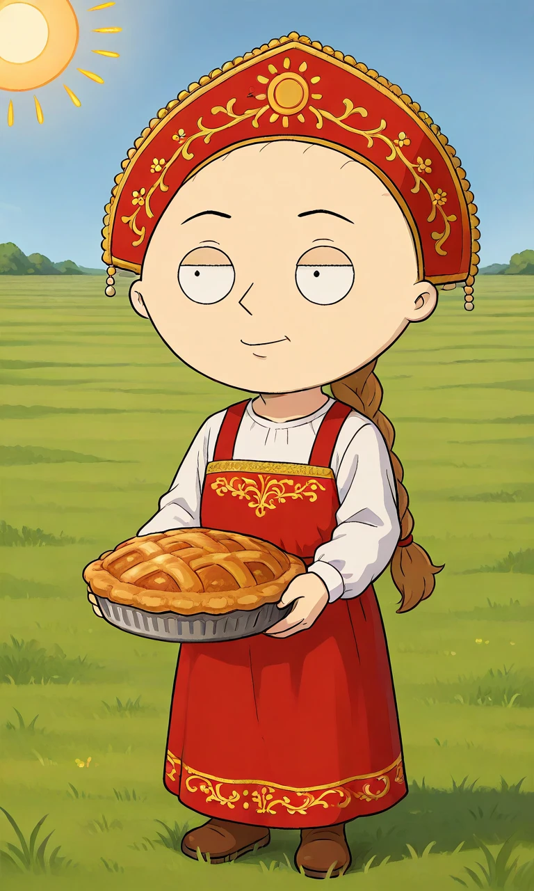 solo,stewie griffin,1boy,chibi,bald,field, weath field,sun,blue sky, White shirt, sarafan, kokoshnik_headdress, rusdress,pinafore dress, red dress,brown hair, single braid, long hair, flat chest,male focus,holding food, pie