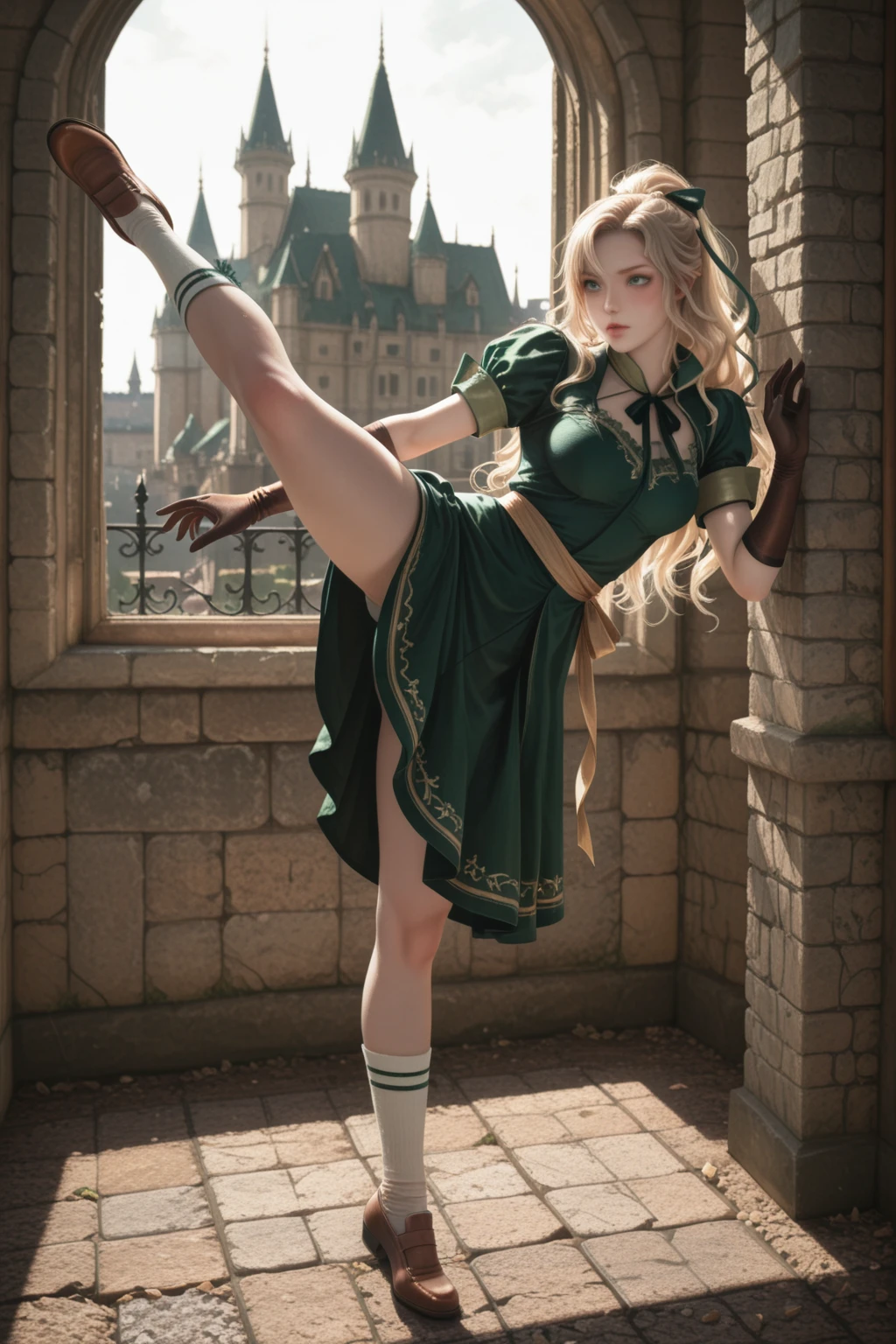 IllusP0s, lazypos, masterpiece, best quality, amazing quality, very aesthetic, absurdres, dynamic lighting, solo,  realistic, castle, full body, 
 <lora:Maria_SOTN_ill:1> maria_sotn_ill, 1girl, solo, long hair, blonde hair, gloves, green eyes, ponytail, dress, ribbon, hair ribbon, green dress, brown gloves, elbow gloves, short sleeves, socks with ribbon, 
kicking,
