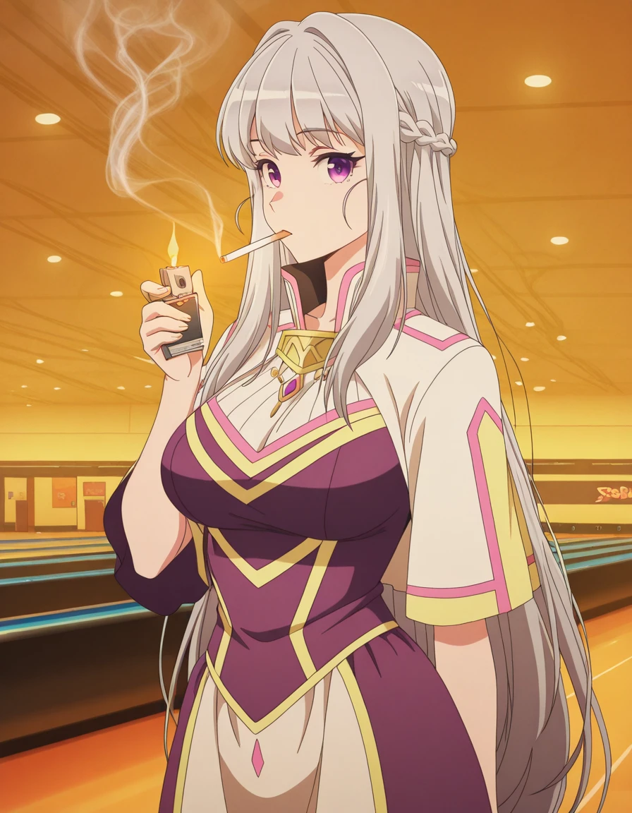 masterpiece, best quality, amazing quality,, <lora:mariabelle-s1-illustriousxl-lora-nochekaiser:1>, mariabelle, long hair, very long hair, purple eyes, white, grey hair, braid, french braid, mature female, medium breasts, anime screencap, dress, armor, white dress, two-tone dress, purple dress, high collar, , <lora:lighting-cigarette-illustriousxl-lora-nochekaiser:1>, lighting cigarette, lighter, holding lighter, cigarette, smoking, fire, smoke, holding, cowboy shot, bowling alley, lanes, pins, balls, fun, cowboy shot, solo, looking at viewer,