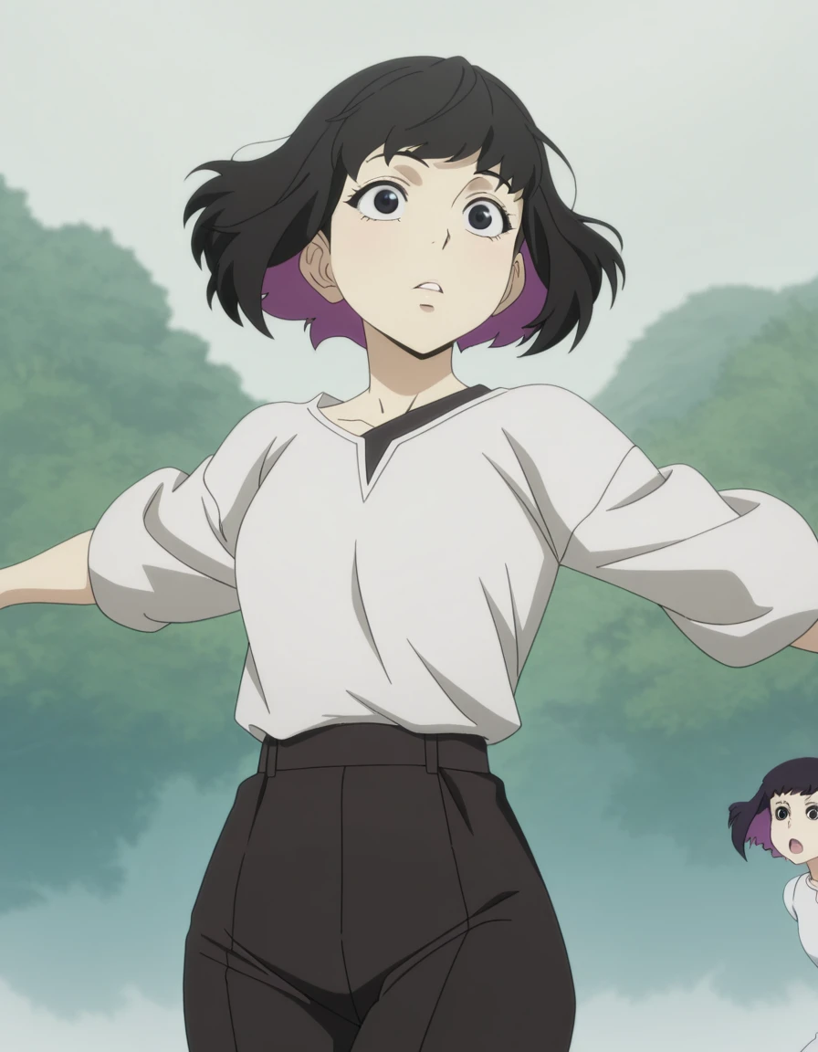 masterpiece, best quality, amazing quality,, <lora:lazarus-eleina-s1-illustriousxl-lora-nochekaiser:1>, lazarus eleina, short hair, black hair, black eyes, two-tone hair, colored inner hair, purple hair, bangs, mature female, small breasts, anime screencap, <lora:dynamic-pose-illustriousxl-lora-nochekaiser:1>, dynamic pose, midair, cowboy shot, ,