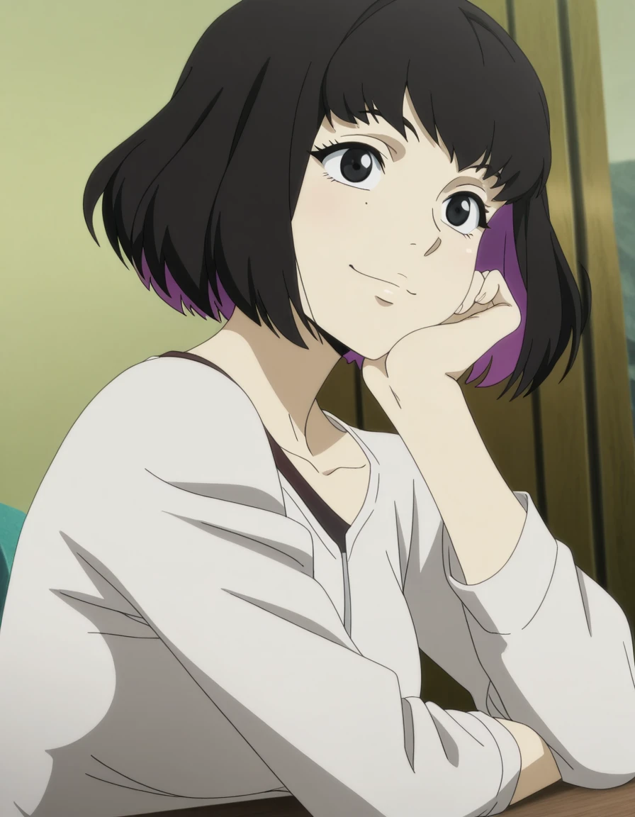 masterpiece, best quality, amazing quality,, <lora:lazarus-eleina-s1-illustriousxl-lora-nochekaiser:1>, lazarus eleina, short hair, black hair, black eyes, two-tone hair, colored inner hair, purple hair, bangs, mature female, small breasts, anime screencap, head rest, smile,, ,