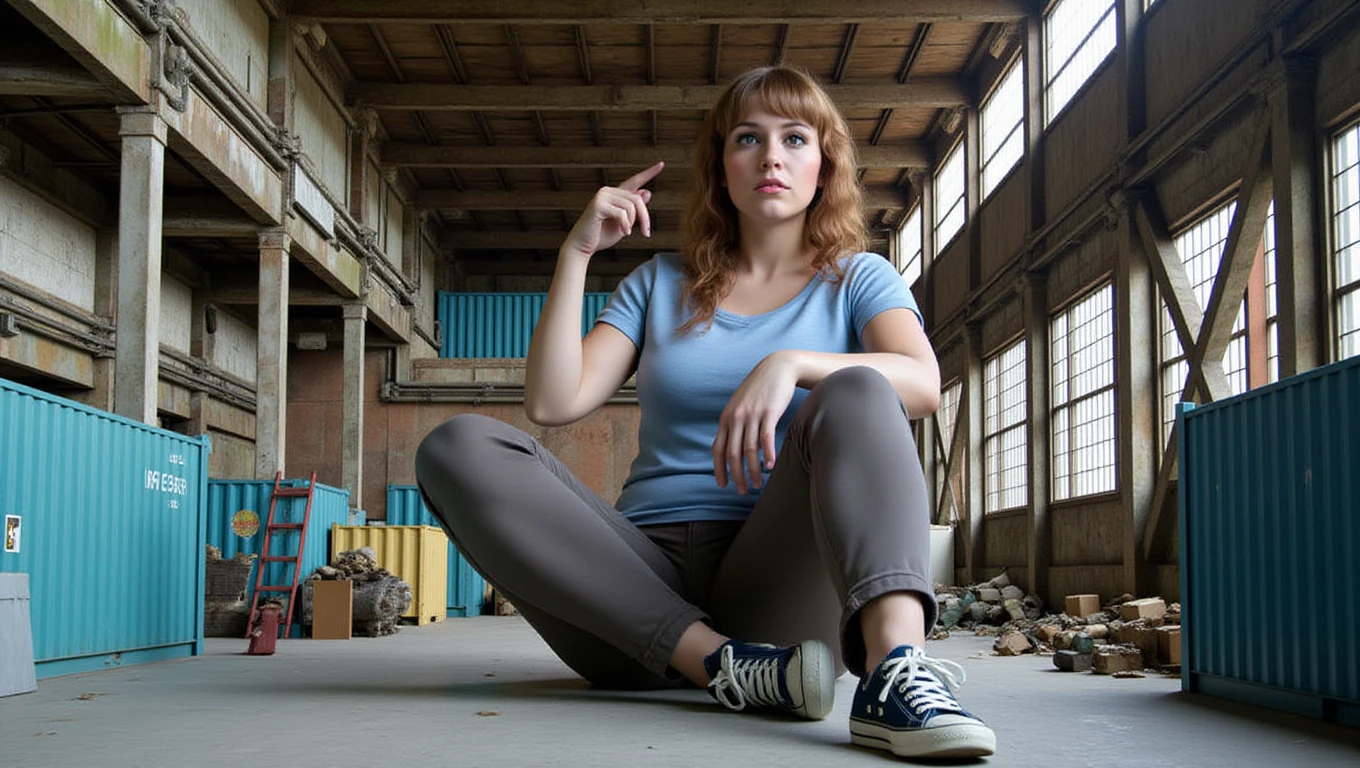 photo picturing an extremely tall giant woman in casual clothes sitting on the floor of an industrial warhouse. she touches the ceiling with her hand. she is much larger than the surrounding shipping containers.