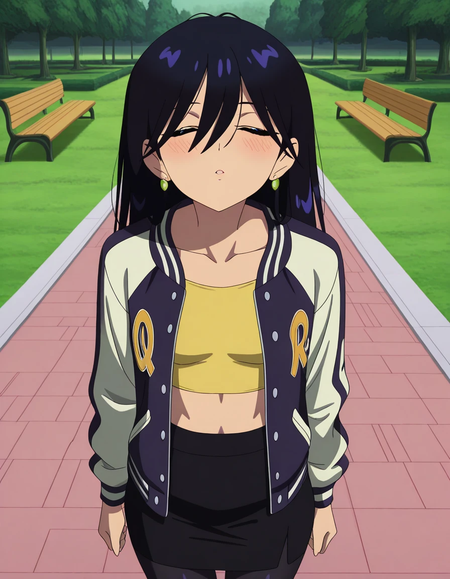 masterpiece, best quality, amazing quality,, <lora:gquuux-nyaan-s1-illustriousxl-lora-nochekaiser:1>, gquuux nyaan, long hair, black hair, hair between eyes, green eyes, yellow eyes, mature female, small breasts, anime screencap, shirt, skirt, long sleeves, jewelry, jacket, collarbone, pantyhose, earrings, open clothes, midriff, black skirt, open jacket, crop top, black pantyhose, yellow shirt, letterman jacket,, <lora:incoming-kiss-illustriousxl-lora-nochekaiser:1>, incoming kiss, closed eyes, blush, pov, upper body, park, grass, benches, path, recreation, cowboy shot, solo, looking at viewer,