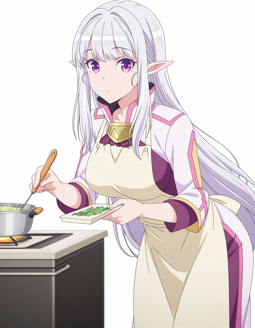 masterpiece, best quality, amazing quality,, <lora:mariabelle-s1-illustriousxl-lora-nochekaiser:1>, mariabelle, long hair, very long hair, purple eyes, white hair, grey hair, pointy ears, elf, mature female, medium breasts, anime screencap, dress, armor, white dress, two-tone dress, purple dress, high collar, , leaning forward,, kitchen, cooking, apron, cutting vegetables, home cooking, cowboy shot, solo, looking at viewer, <lora:transparent-background-illustriousxl-lora-nochekaiser:1>, transparent background, simple background, white background