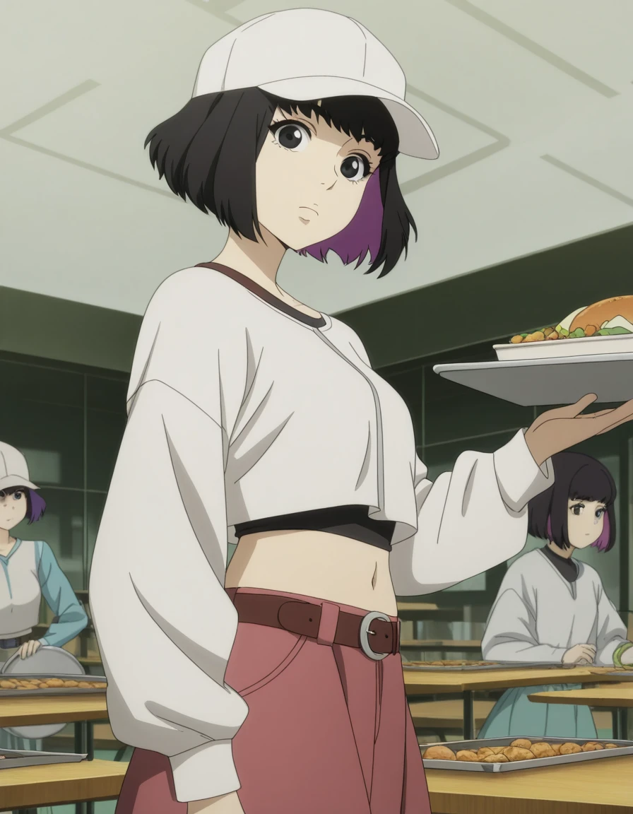 masterpiece, best quality, amazing quality,, <lora:lazarus-eleina-s1-illustriousxl-lora-nochekaiser:1>, lazarus eleina, short hair, black hair, black eyes, two-tone hair, colored inner hair, purple hair, bangs, mature female, small breasts, anime screencap, skirt, long sleeves, hat, belt, white headwear, baseball cap, cropped shirt, navel, from side, cafeteria, tables, food_trays, chairs, line, cowboy shot, solo, looking at viewer,