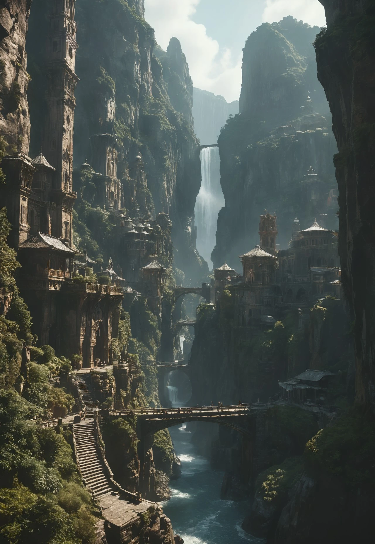 Dramatic,Dynamic,Cinematic,Sharp details
Insane quality. Insane resolution. Insane details. Masterpiece. 32k resolution.
A grand, majestic fantasy city carved into a mountainside with intricate architectural designs. The city features multiple domed buildings, towering statues, and a large bridge connecting different parts of the city. The scene is set in a lush landscape with rocky cliffs and waterfalls, creating a sense of awe and wonder. dark,, low-key,, chiaroscuro,, high contrast,
