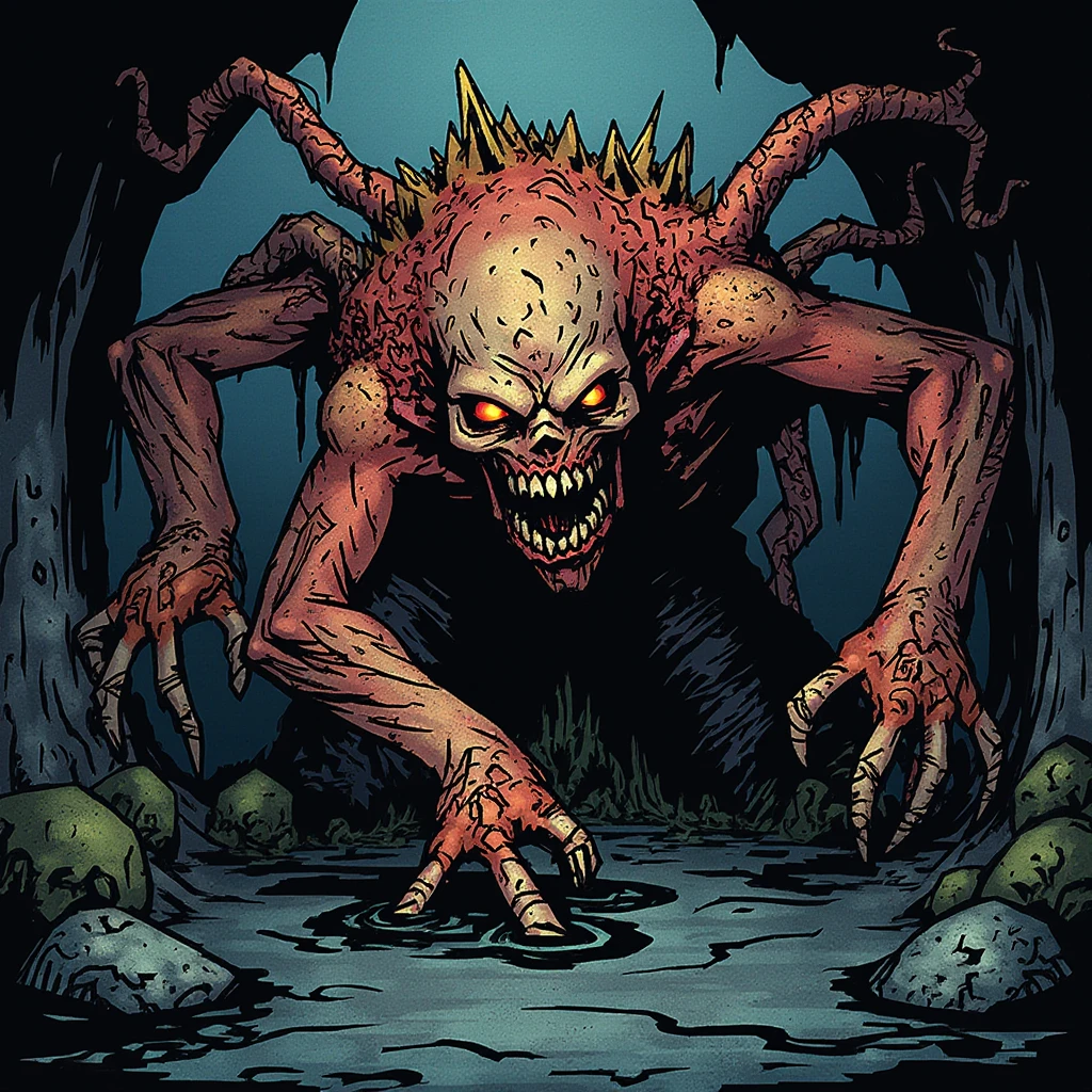 breathtaking highly detailed graphic novel illustration Emerging from the abyss, a shapeless abomination writhes, its form a shifting mass of wriggling tendrils and pulsating sacs. The air is tainted with its putrid stench, as its many eyes, scattered haphazardly across its body, fixate on us with a malevolent hunger that defies comprehension. Dominant shades are deep blood reds and flaming orange. <lora:Graphic_Novel_Illustration_Civitai-000007:1>