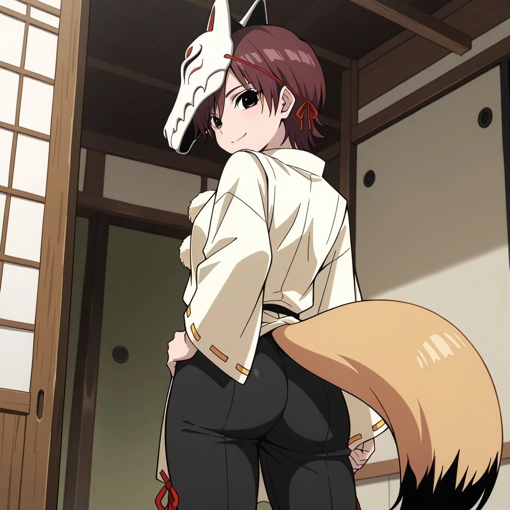 masterpiece,best quality,amazing quality,anime coloring,<lora:Inusaka_Nanao_犬坂_七緒_-_Orient_オリエント_lora:1>,qqinusaka nanao,short hair,brown hair,black eyes,fox tail,mask on head,japanese clothes,ribbon trim,pom pom (clothes),wide sleeves,ribbon-trimmed sleeves,black pants,smile,closed mouth,hand on hip,ass,looking at viewer,from behind,from below,cowboy shot,indoors
Show less