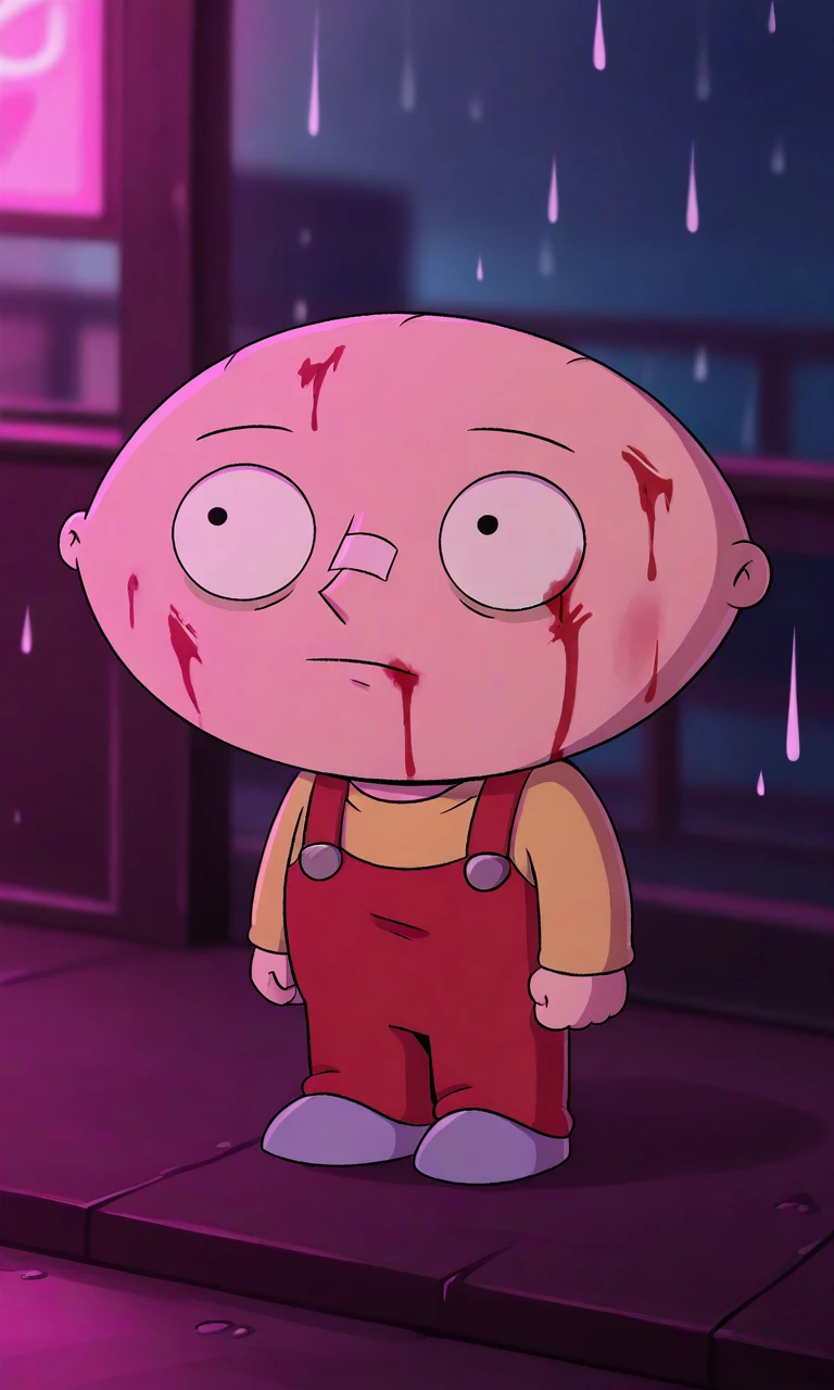 solo,stewie griffin,1boy,chibi,bald,yellow shirt,long sleeves,red overalls,light blue footwear,portrait, bandaid on nose, blurry background, pink lighting, night, dark, pink theme, blood on face, rain