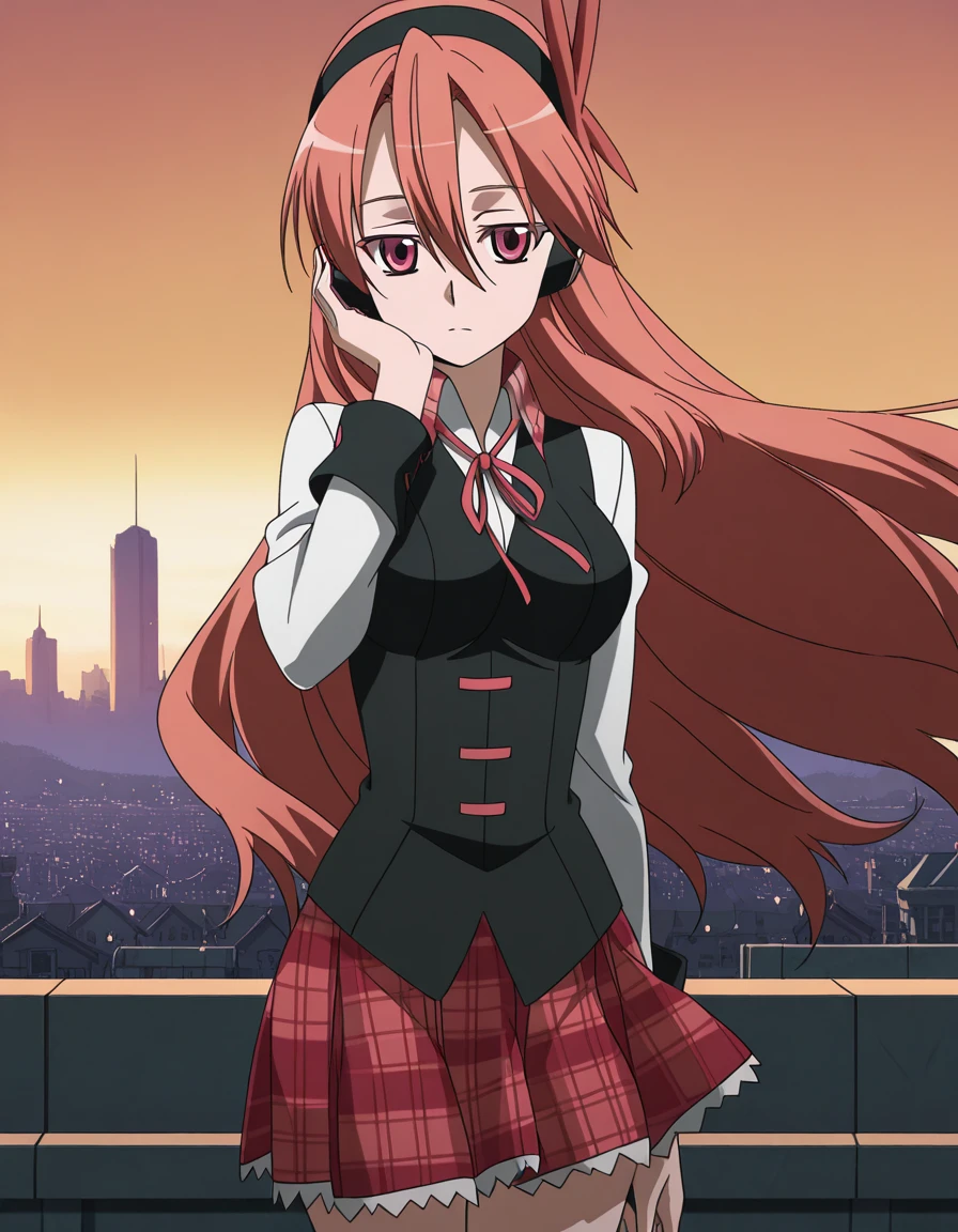 masterpiece, best quality, amazing quality,, <lora:agk-chelsea-s1-illustriousxl-lora-nochekaiser:1>, chelsea, chelsea (akame ga kill!), pink eyes, hair between eyes, long hair, pink hair, straight hair, mature female, medium breasts, anime screencap, collared shirt, diagonal stripes, dress shirt, hair ornament, headphones, long sleeves, neck ribbon, plaid, plaid skirt, pleated skirt, red ribbon, red skirt, ribbon, shirt, skirt, striped, vest, white shirt, wing collar,, head rest, rooftop, sunset, cityscape, quiet moment, wind blowing, contemplative, cowboy shot, solo, looking at viewer, <lora:transparent-background-illustriousxl-lora-nochekaiser:1>, transparent background, simple background, white background