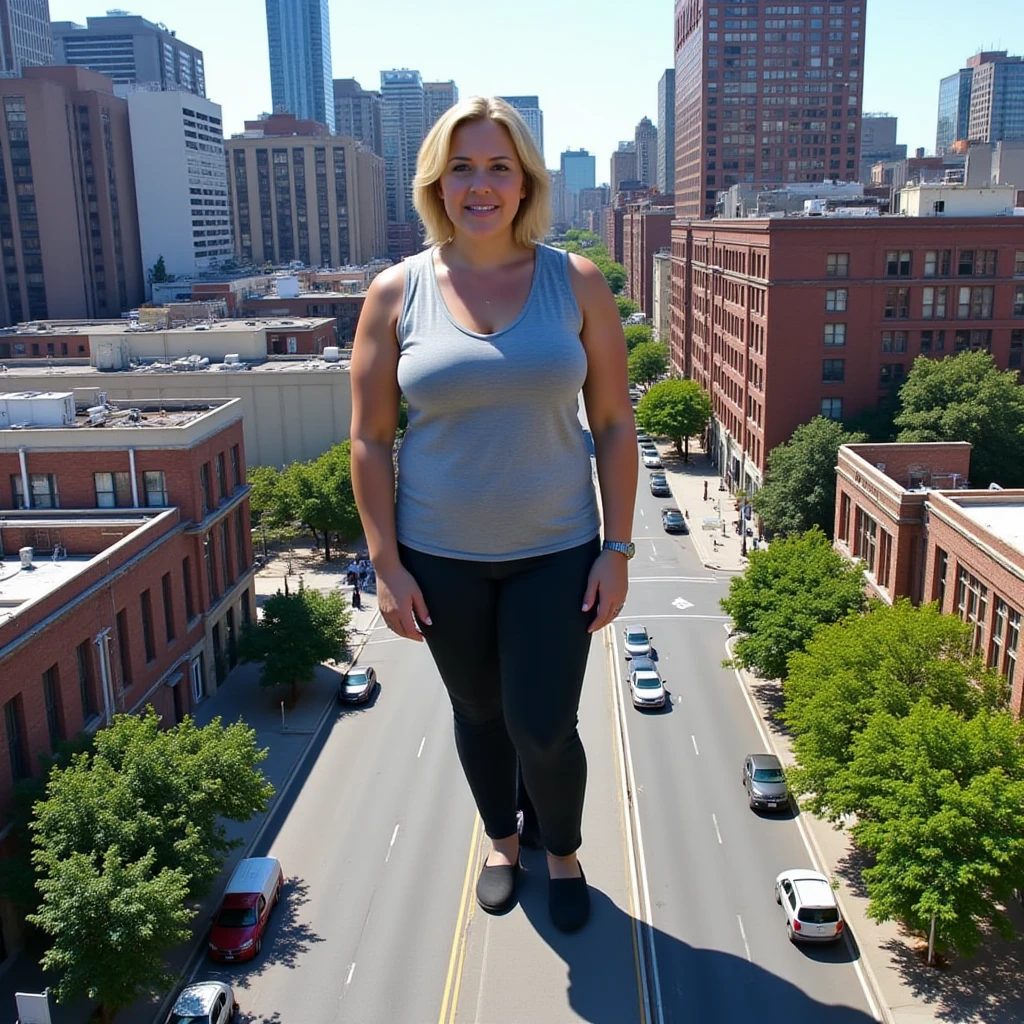 photo, an extremely tall giant woman can be seen amongst a citycape from far away. she is extremely tall, dwarfing her surroundings easily. she is dressed in casual clothes and the photo is from a wide-angle perspective from above emphasizing her giant size compared to her tiny surroundings.